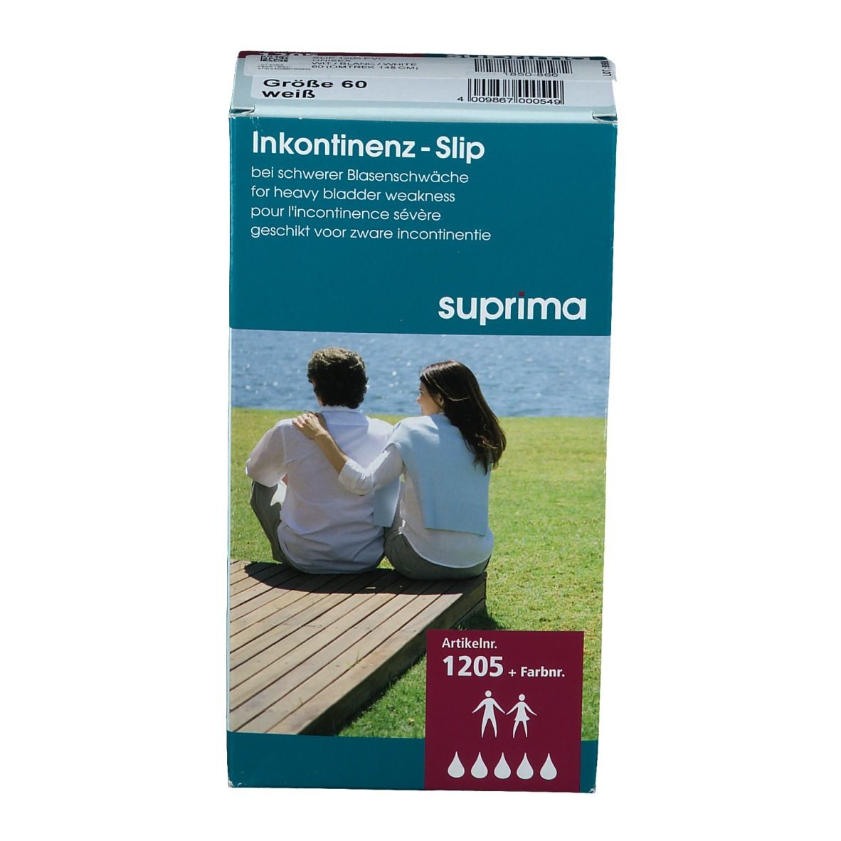 Boîte de slips d'incontinence Suprima, taille 60, blanc. Indiqué pour l'incontinence sévère. Numéro d'article 1205. Illustration d'un couple.