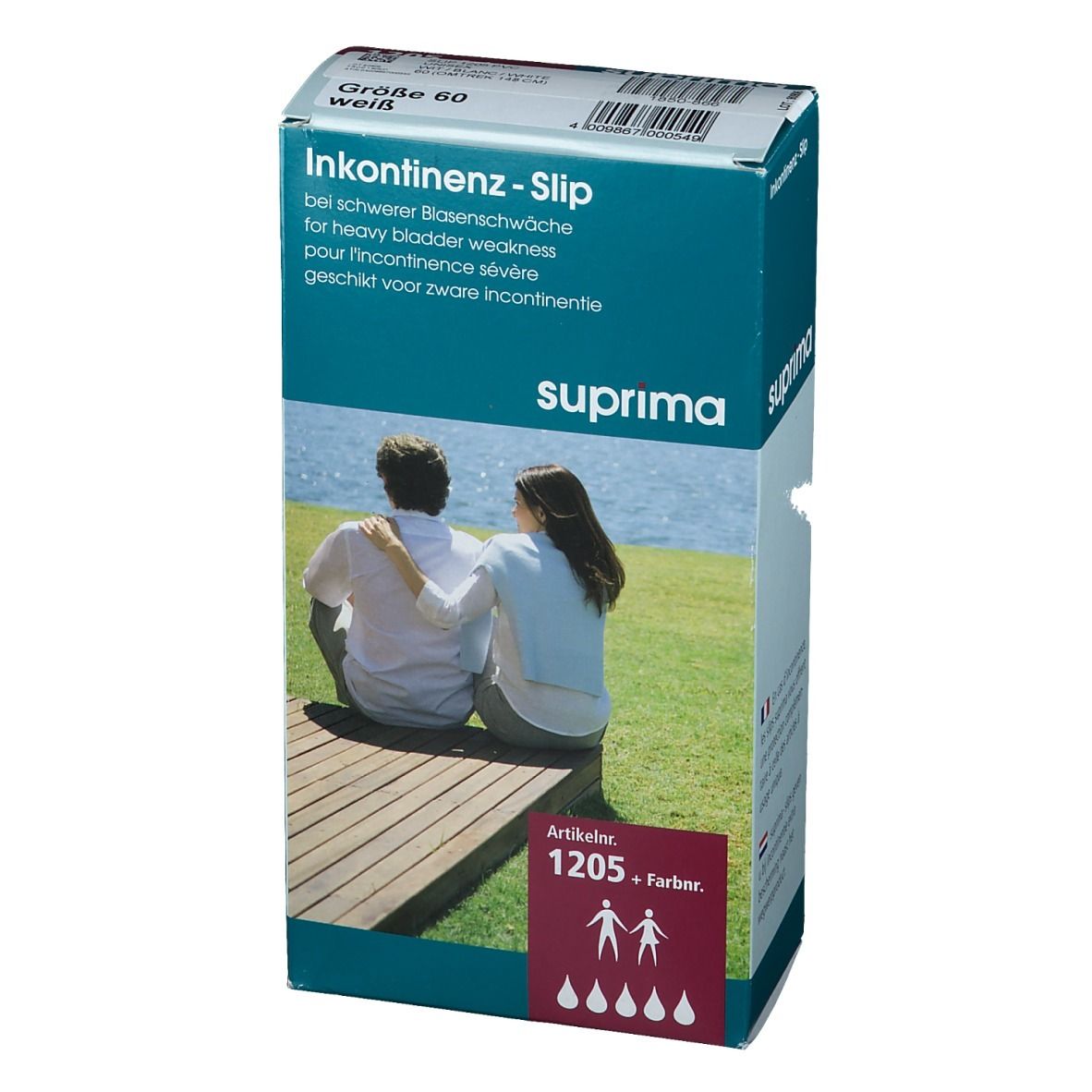 Boîte de slips d'incontinence Suprima, taille 60, blanc. Indiqué pour l'incontinence sévère. Numéro d'article 1205. Illustration d'un couple.