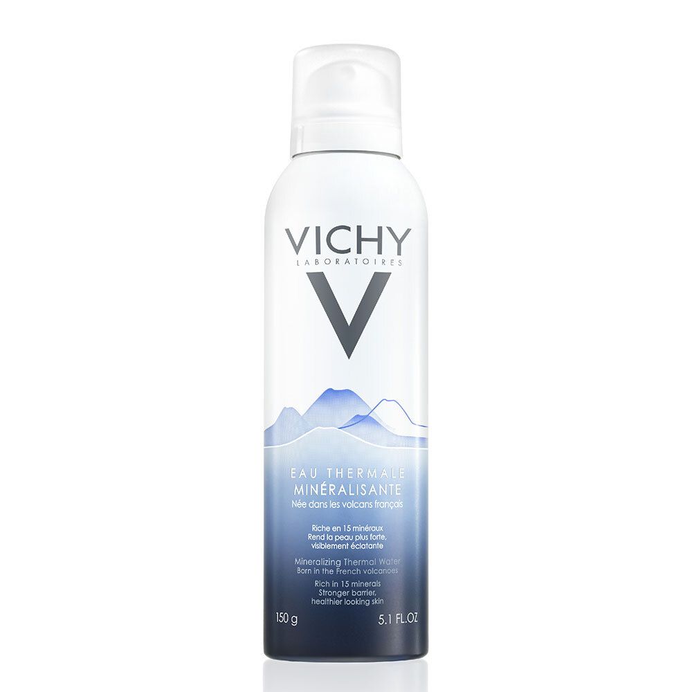Witte en blauwe sprayfles met productinformatie. Vichy-logo en productnaam duidelijk zichtbaar.