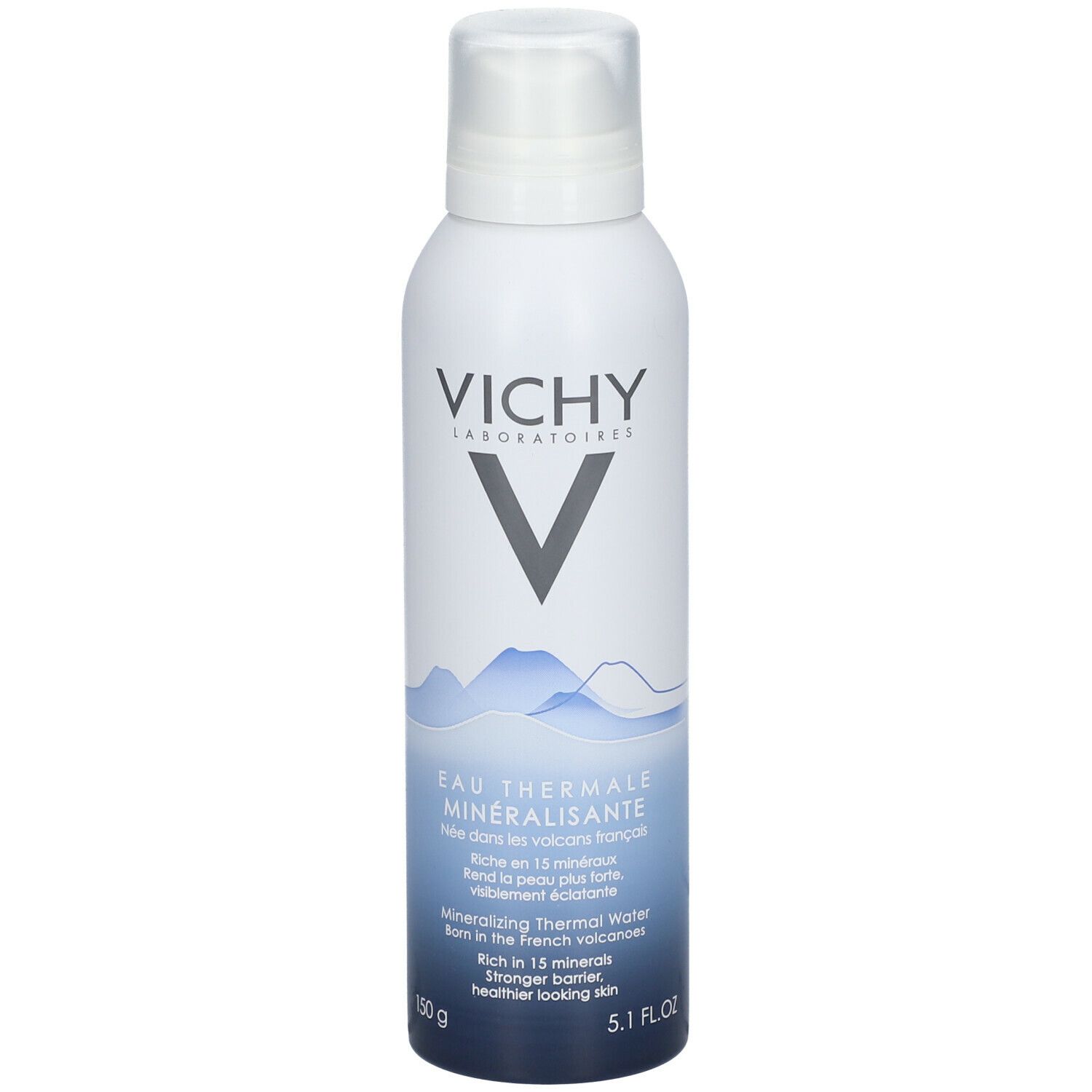 Witte sprayfles met blauw etiket. Vichy-logo en productnaam duidelijk zichtbaar.