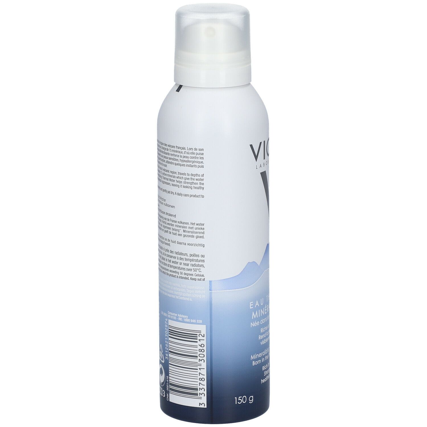 Achterkant van de sprayfles met productinformatie en barcode. Vichy-logo zichtbaar.