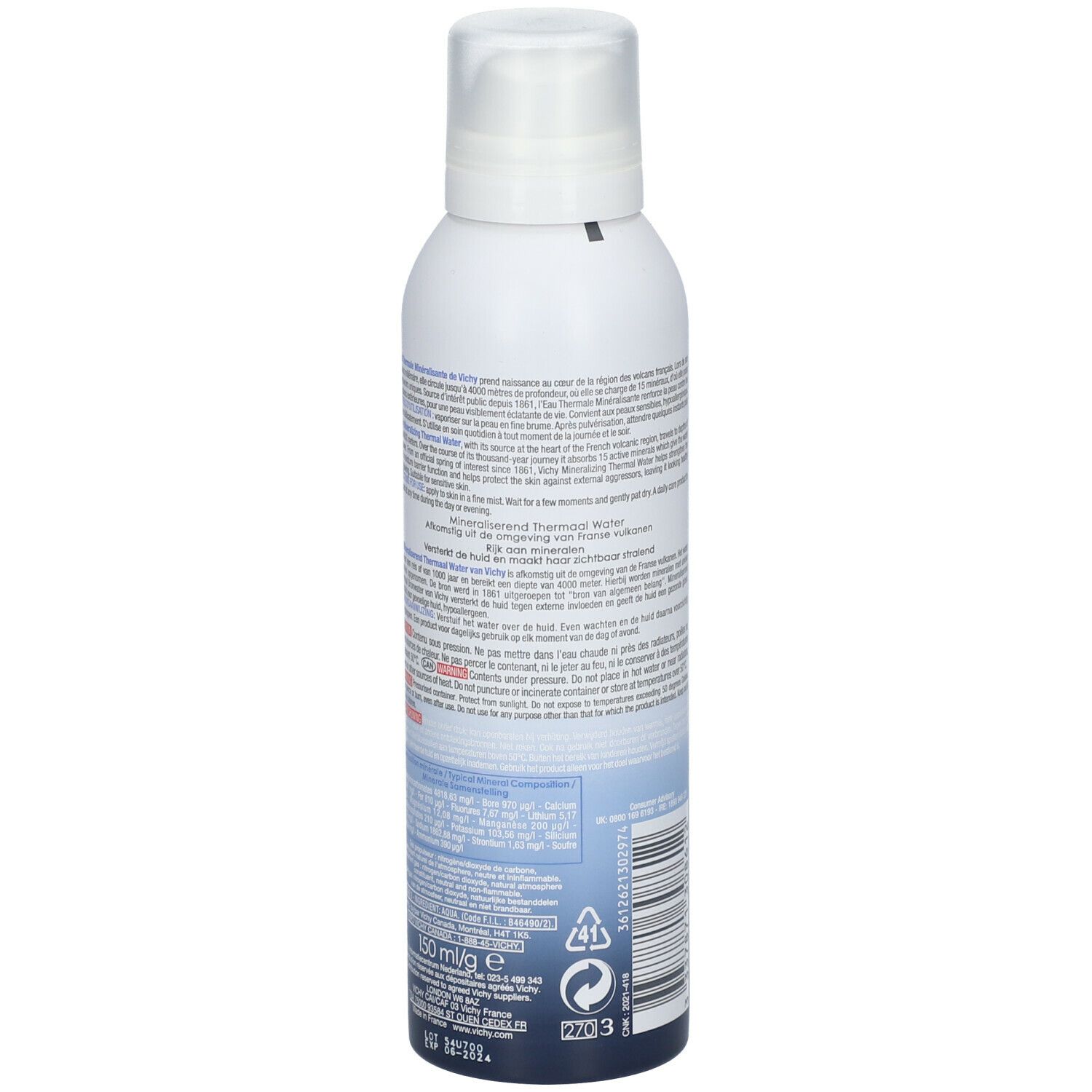 Achterkant van de sprayfles met productinformatie en barcode. Vichy-logo zichtbaar.