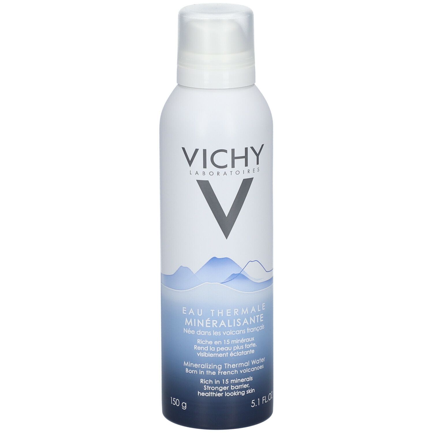 Witte sprayfles met blauw etiket. Vichy-logo en productnaam duidelijk zichtbaar.