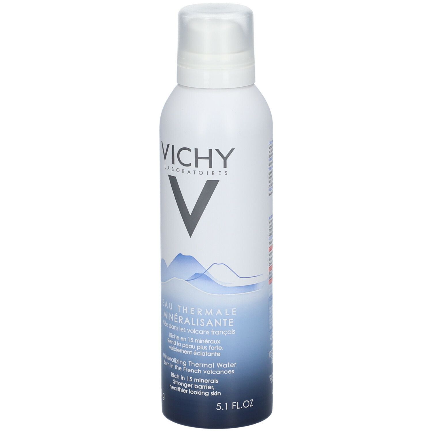 Witte sprayfles met blauw etiket. Vichy-logo en productnaam duidelijk zichtbaar.