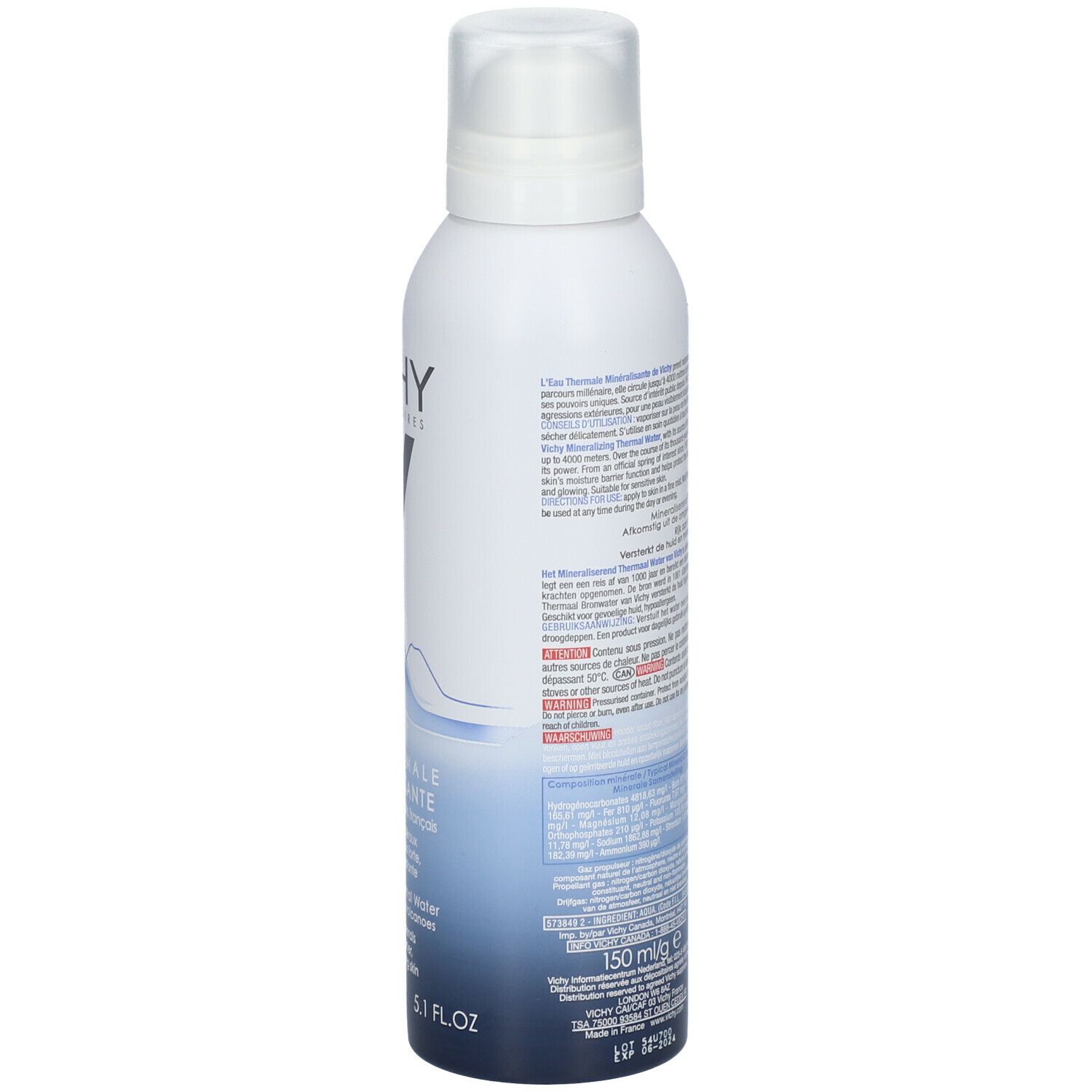 Achterkant van de sprayfles met productinformatie en barcode. Vichy-logo zichtbaar.