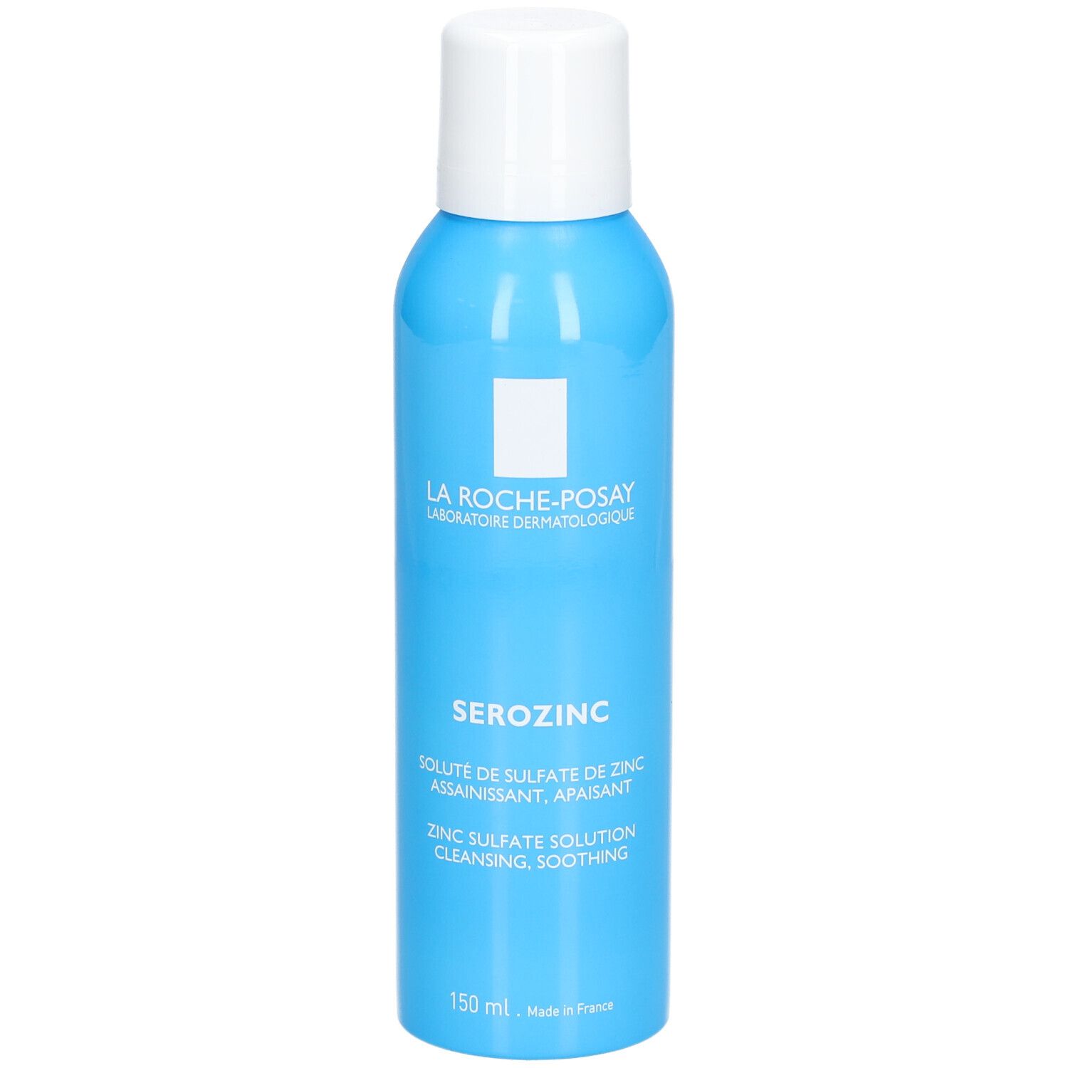 Lichtblauwe fles met witte dop. Opschrift: La Roche-Posay, Serozinc, zinksulfaat oplossing. 150 ml.