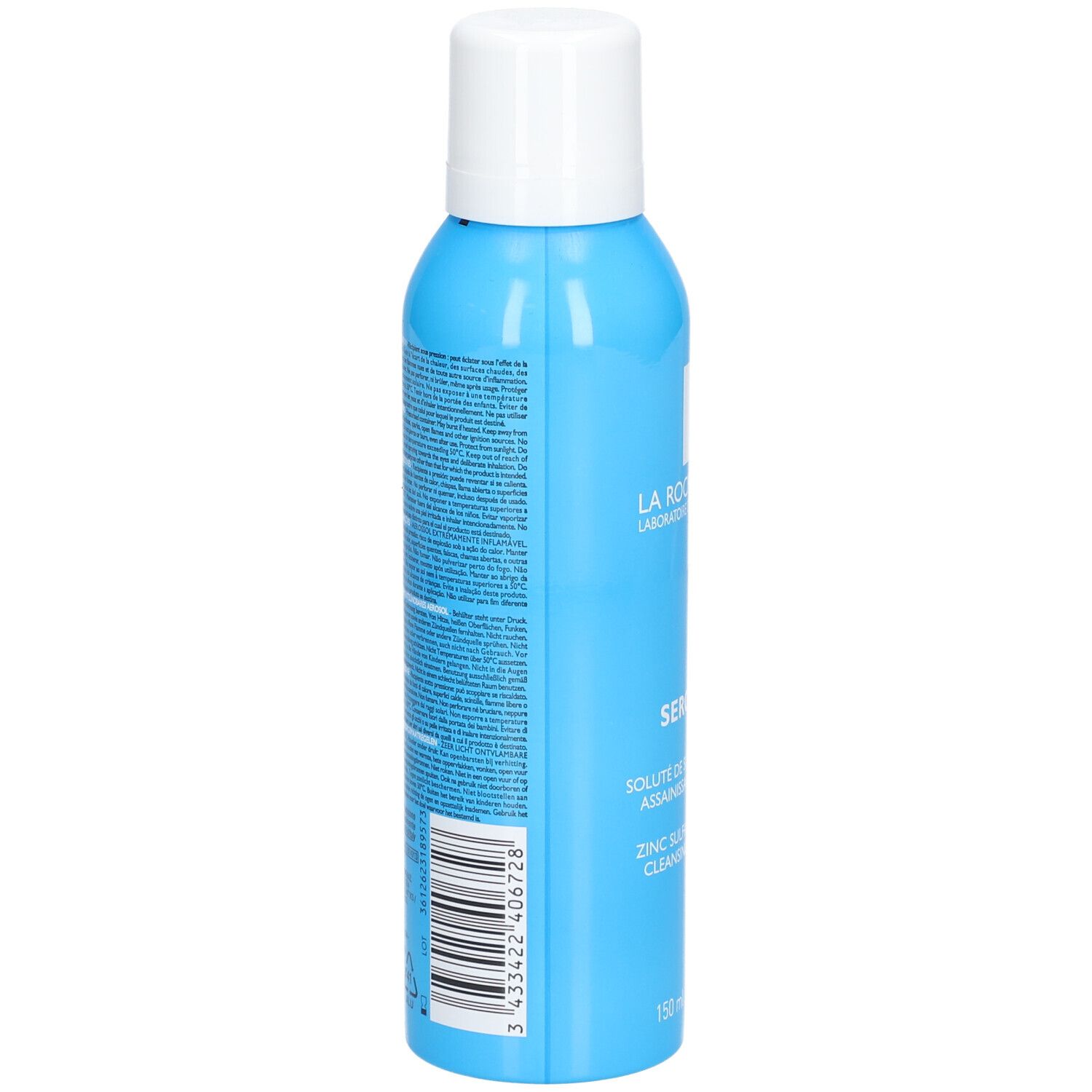 Achterkant van een lichtblauwe fles. Opschrift: La Roche-Posay, Serozinc, zinksulfaat oplossing. 150 ml.