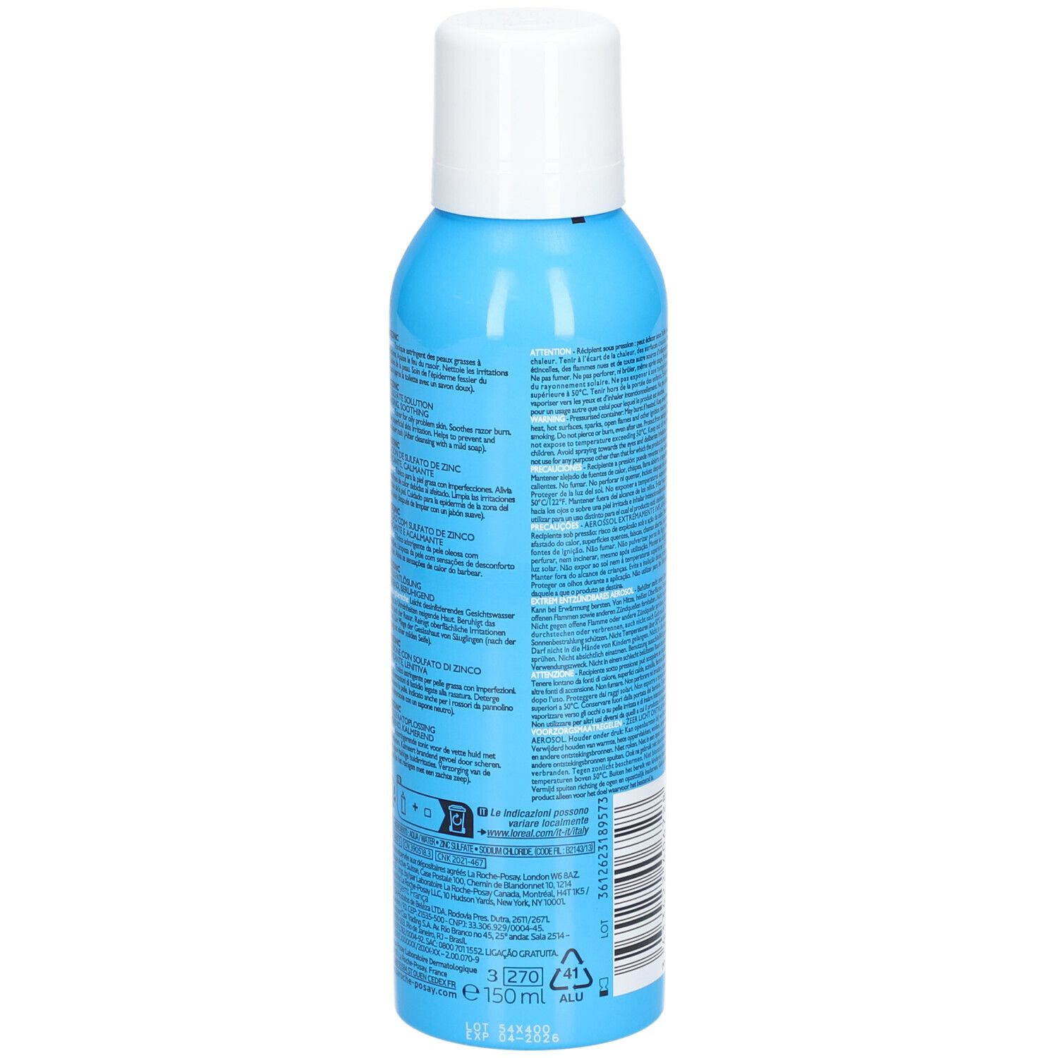Achterkant van een lichtblauwe fles. Opschrift: La Roche-Posay, Serozinc, zinksulfaat oplossing. 150 ml.