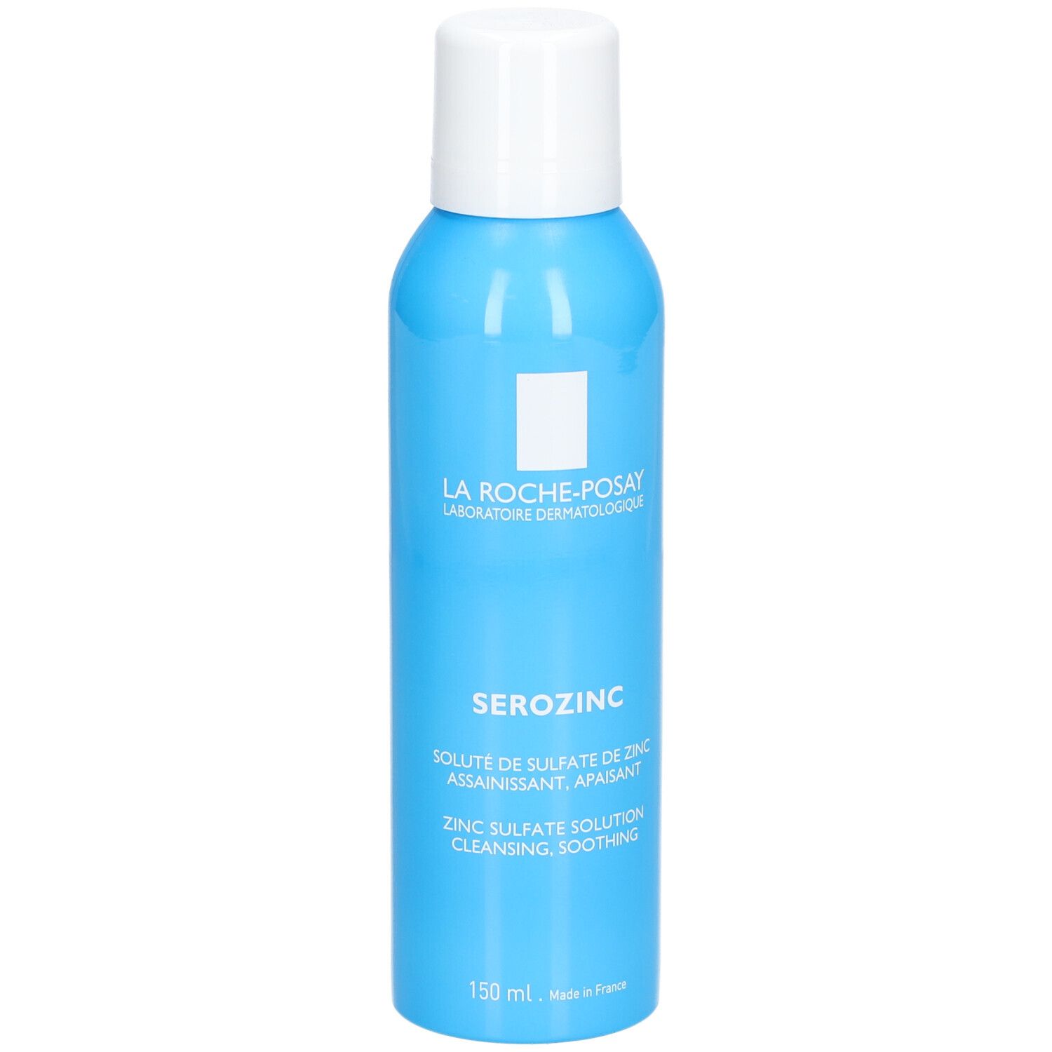 Lichtblauwe fles met witte dop. Opschrift: La Roche-Posay, Serozinc, zinksulfaat oplossing. 150 ml.