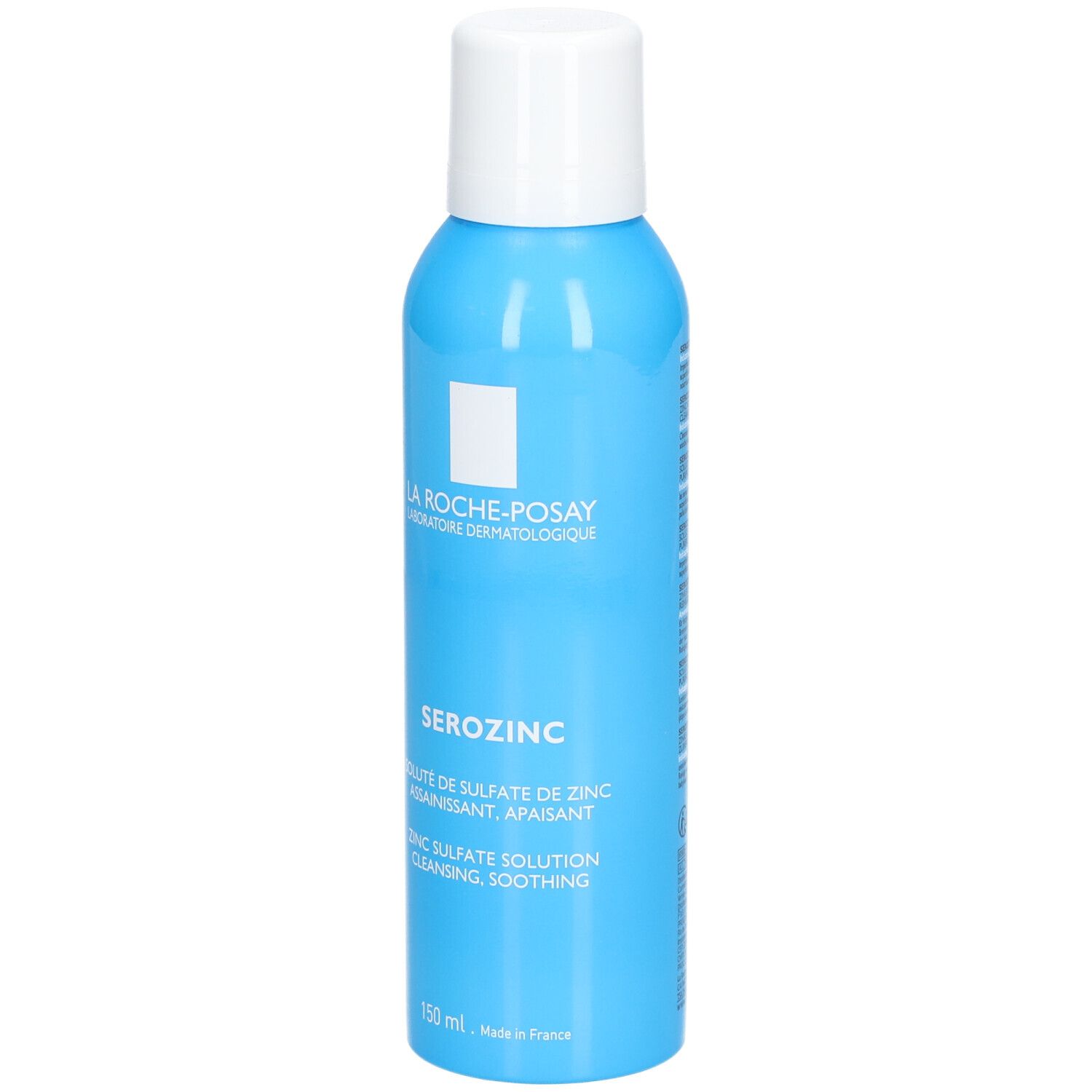 Lichtblauwe fles met witte dop. Opschrift: La Roche-Posay, Serozinc, zinksulfaat oplossing. 150 ml.