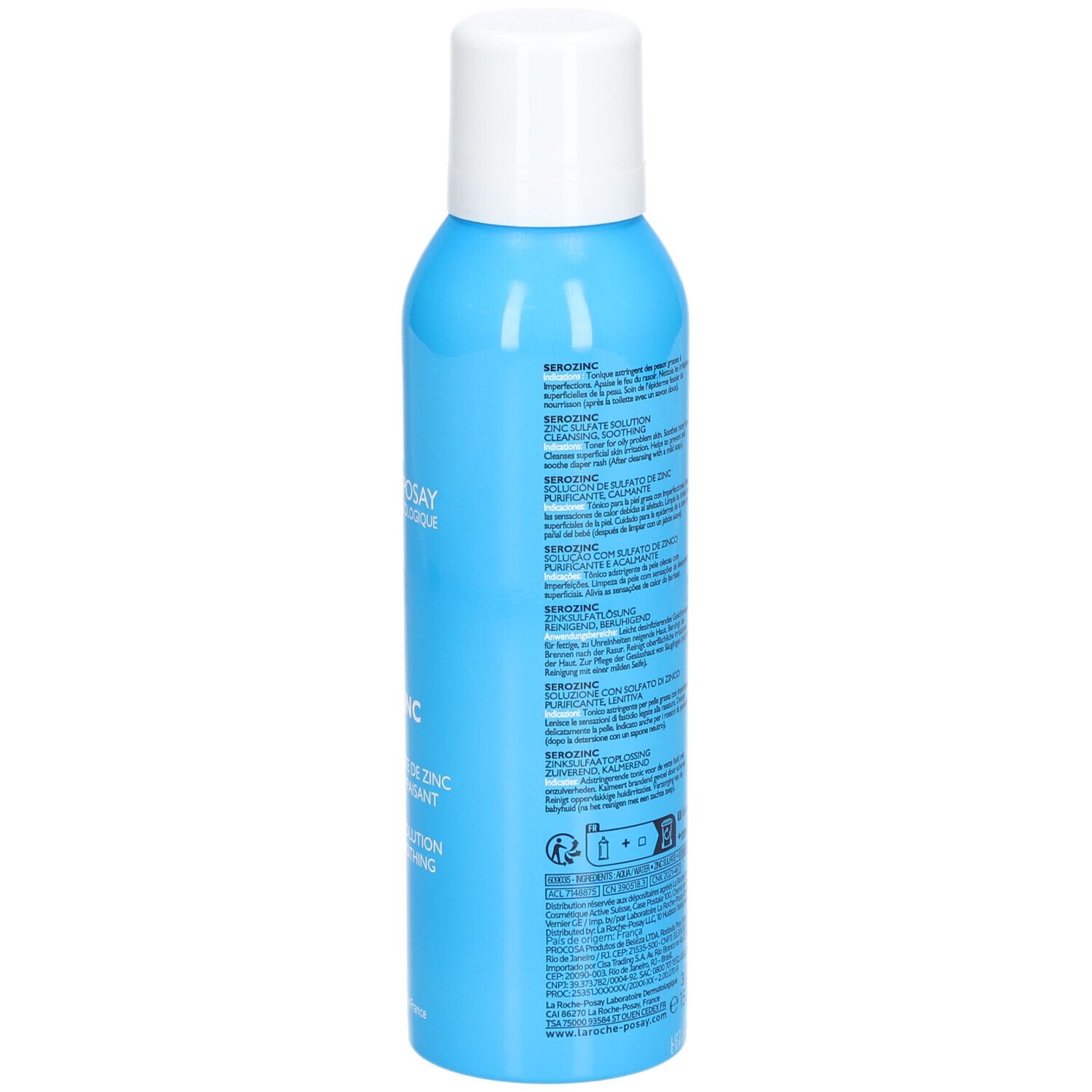 Achterkant van een lichtblauwe fles. Opschrift: La Roche-Posay, Serozinc, zinksulfaat oplossing. 150 ml.