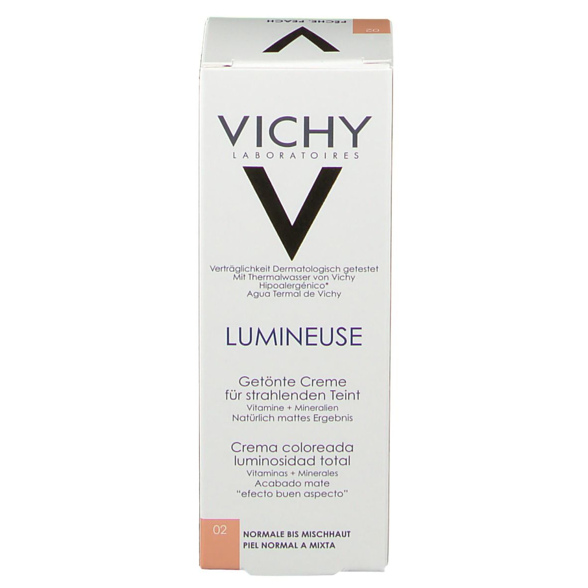 Emballage de VICHY Lumineuse Mate Nr. 02 pêche. Inscriptions: VICHY, LUMINEUSE, Crème teintée pour un teint éclatant. Indicateur de teinte.