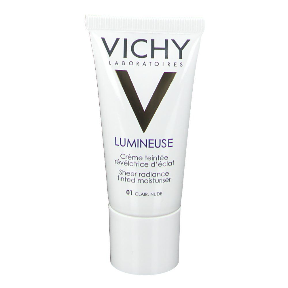 Tube blanc avec logo VICHY et nom du produit. 'LUMINEUSE' et '01 CLAIR, NUDE' visibles.