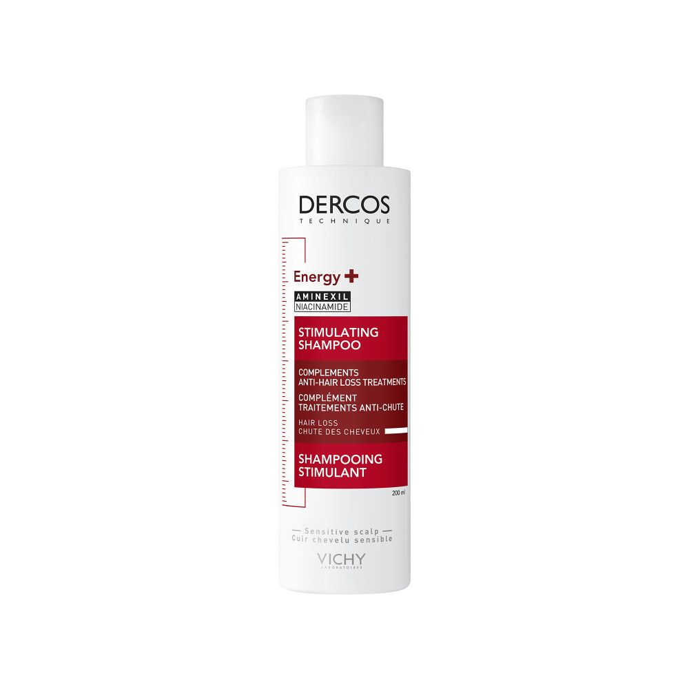 Witte fles met rood etiket. Tekst: Dercos, Energy+, Stimulating Shampoo. 200ml.