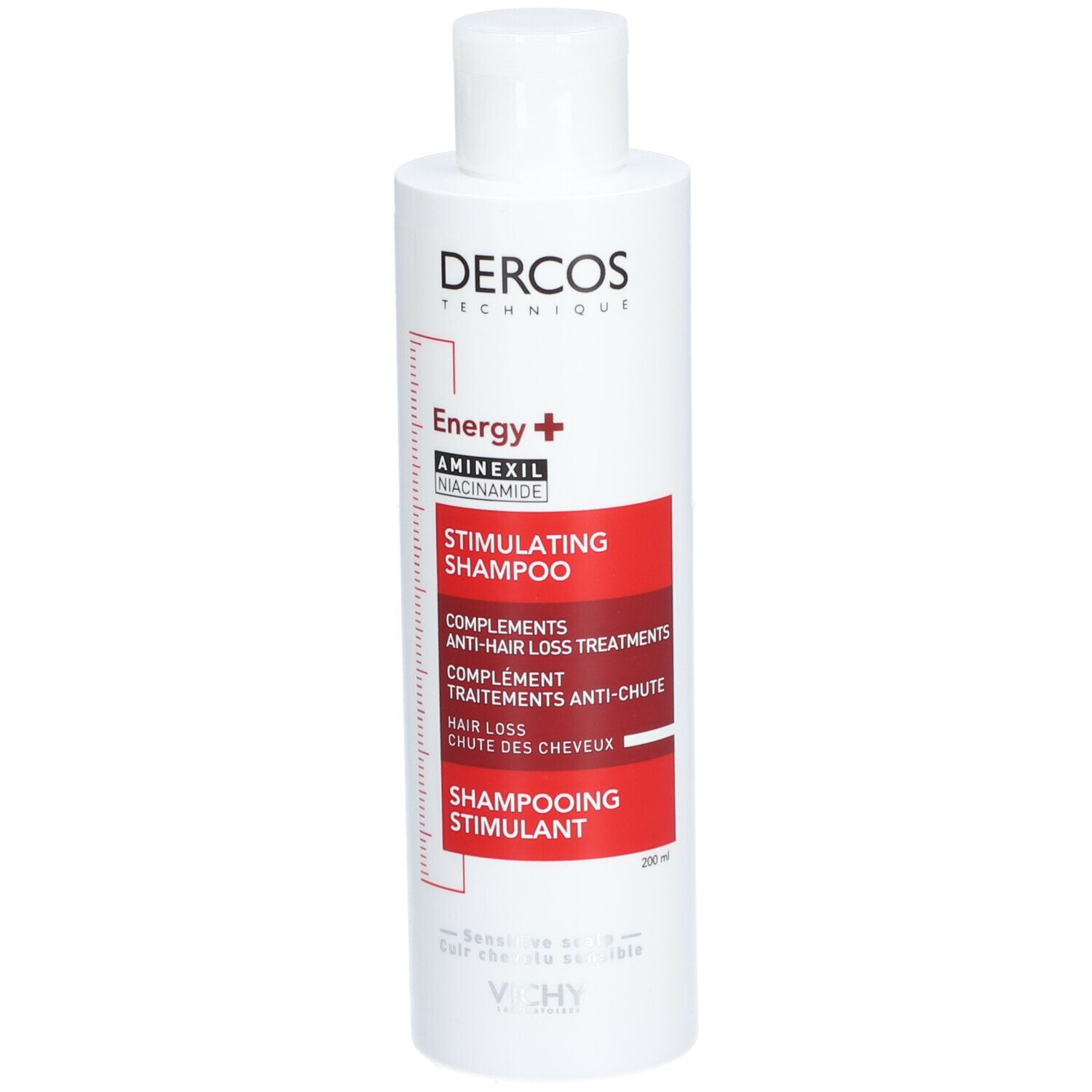 Weiße Flasche mit rotem Etikett. Text: Dercos, Energy+, Stimulating Shampoo. 200ml.