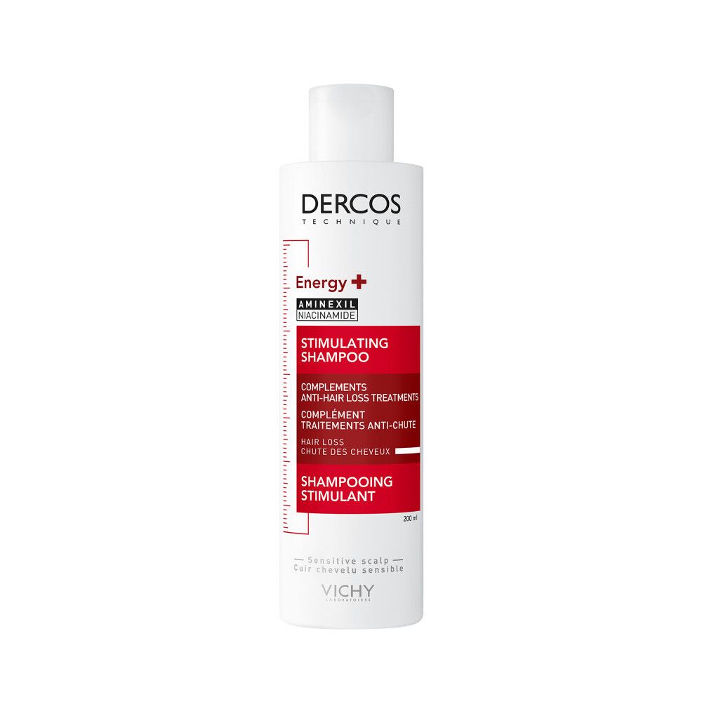 Dos du flacon. Texte: Dercos, Energy+, Shampooing Stimulant. Ingrédients et mode d'emploi.