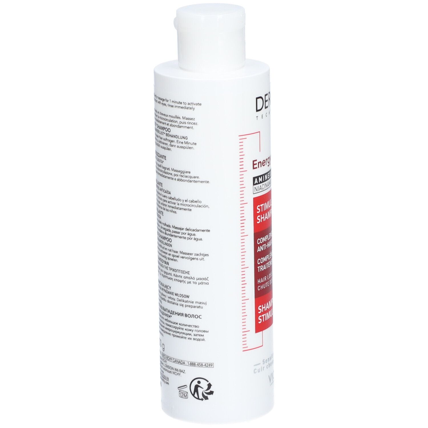 Rückseite der Flasche. Text: Dercos, Energy+, Stimulating Shampoo. Inhaltsstoffe und Anwendung.