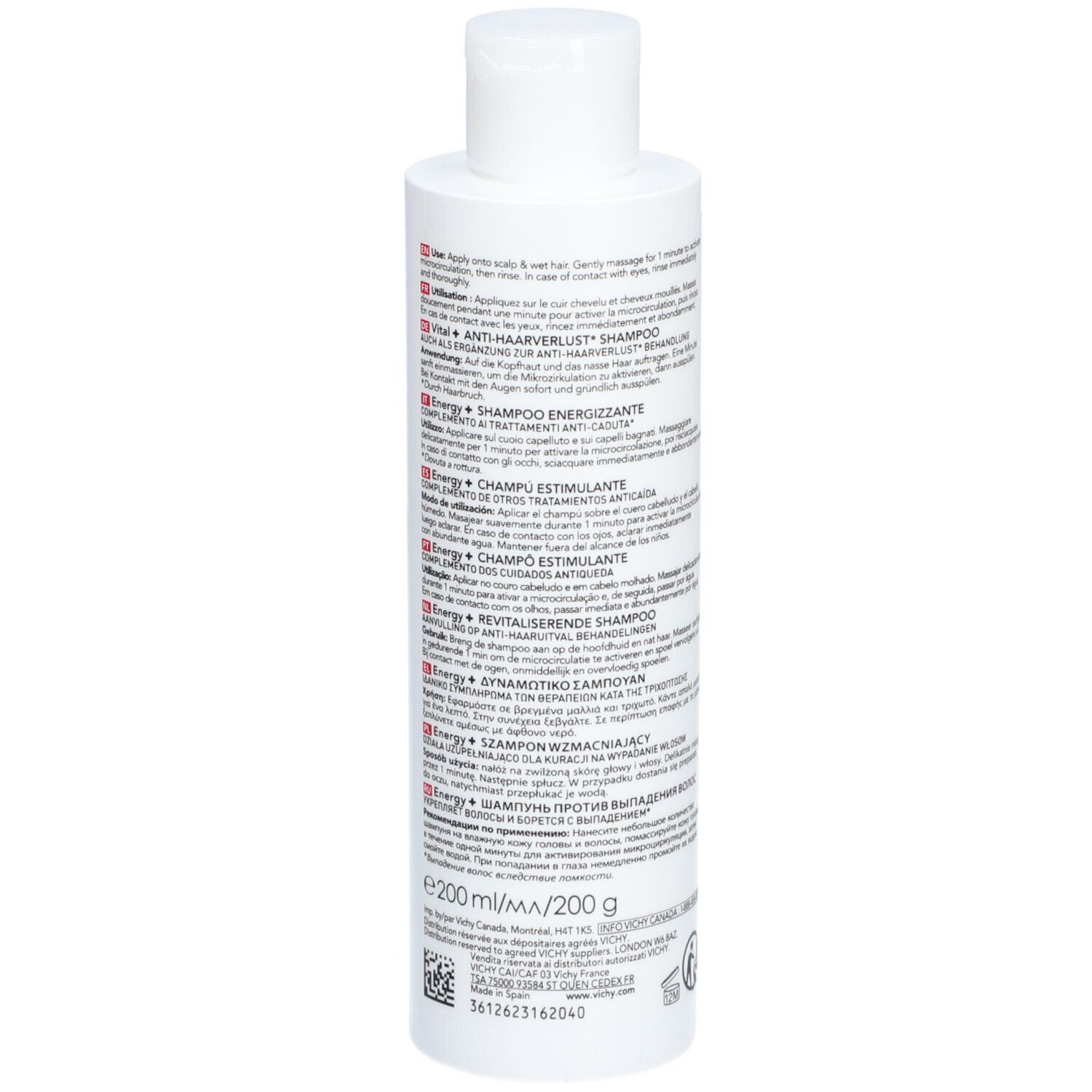 Rückseite der Flasche. Text: Dercos, Energy+, Stimulating Shampoo. Inhaltsstoffe und Anwendung.