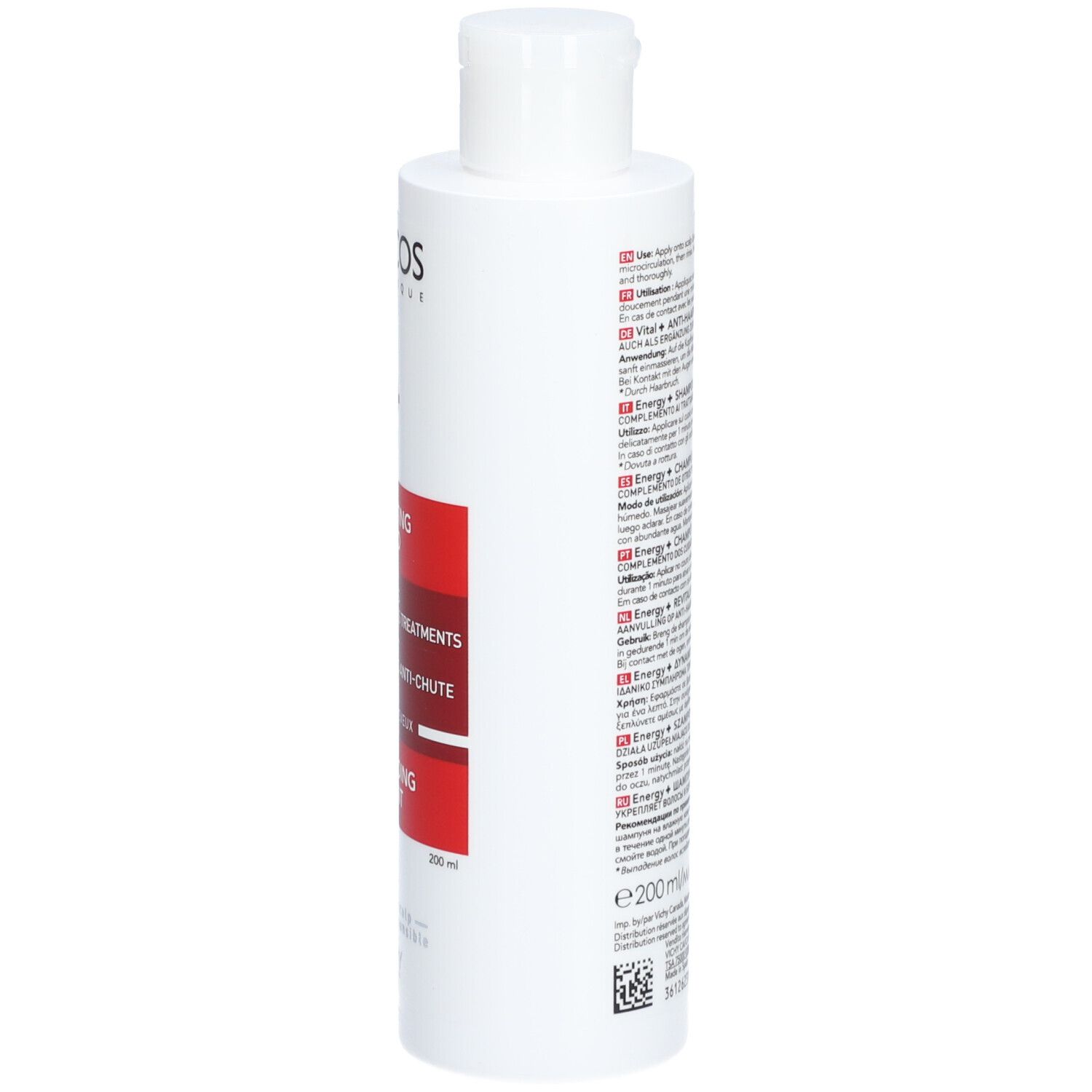 Weiße Flasche mit rotem Etikett. Text: Dercos, Energy+, Stimulating Shampoo. 200ml.