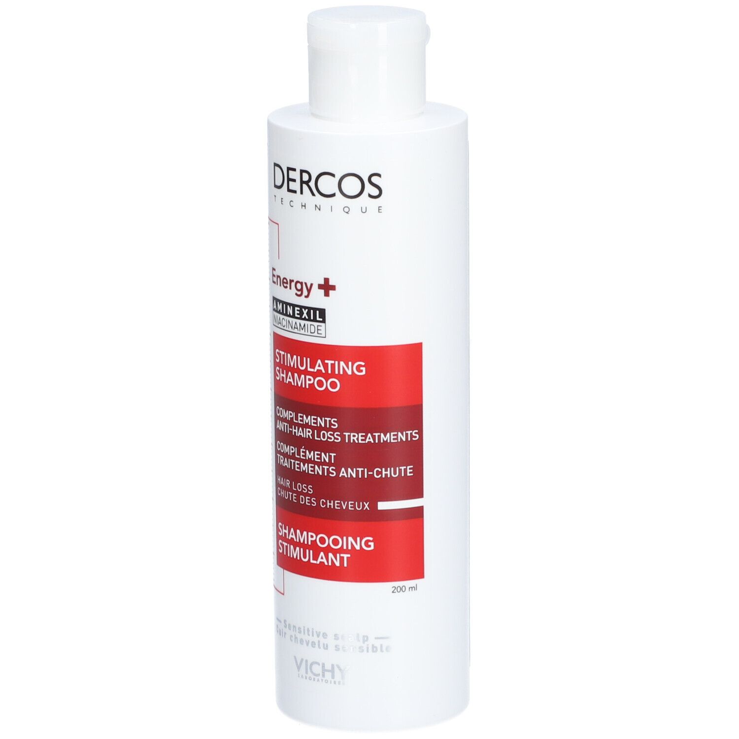 Weiße Flasche mit rotem Etikett. Text: Dercos, Energy+, Stimulating Shampoo. 200ml.