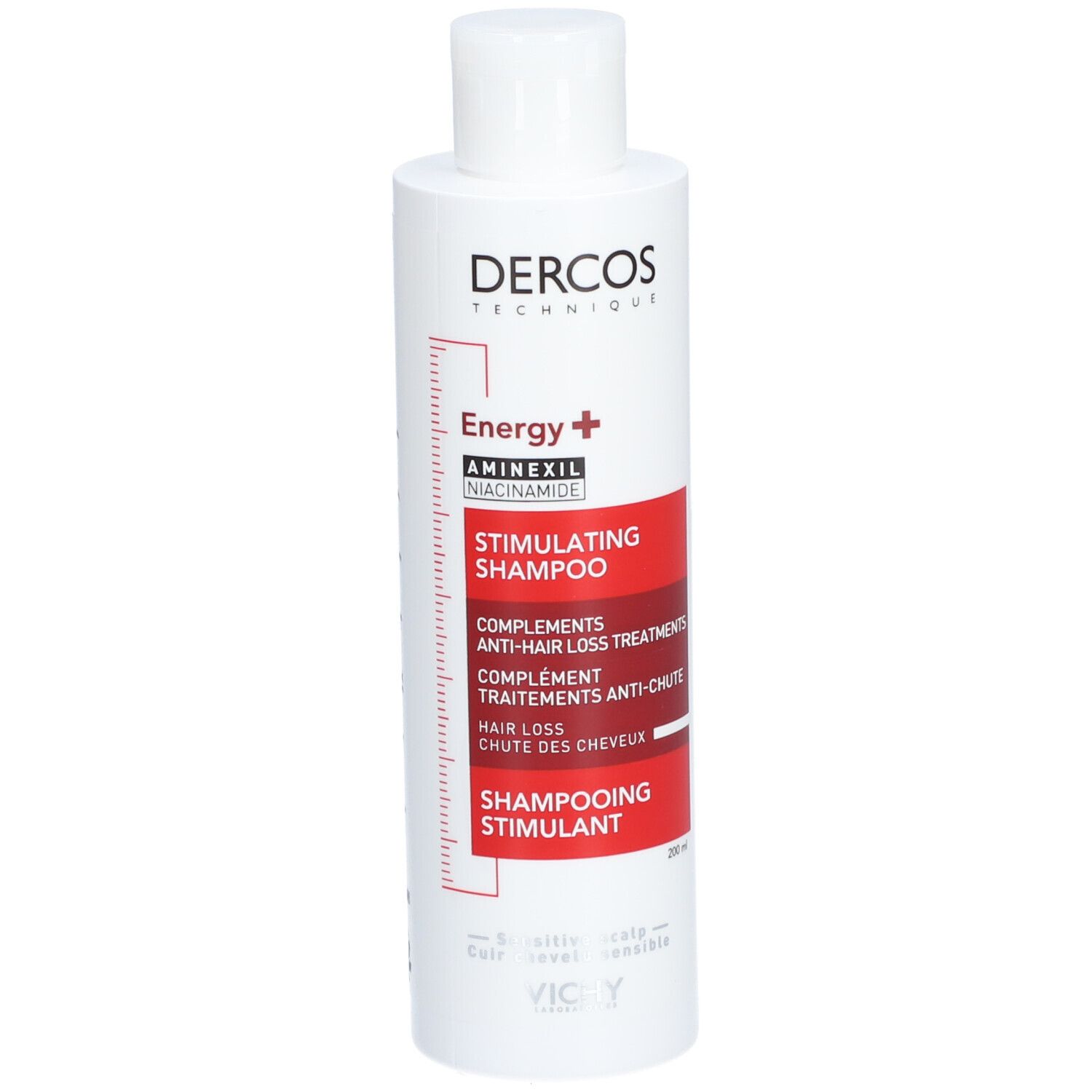 Produktverpackung. Text: Dercos, Energy+, Stimulating Shampoo. 200ml. Neu.