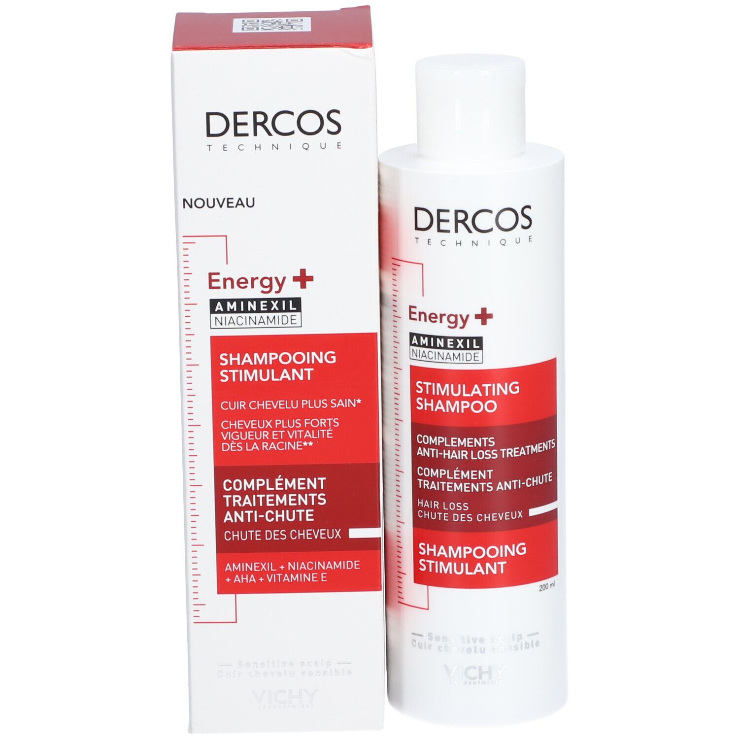 Produktverpackung. Text: Dercos, Energy+, Stimulating Shampoo. 200ml. Neu.