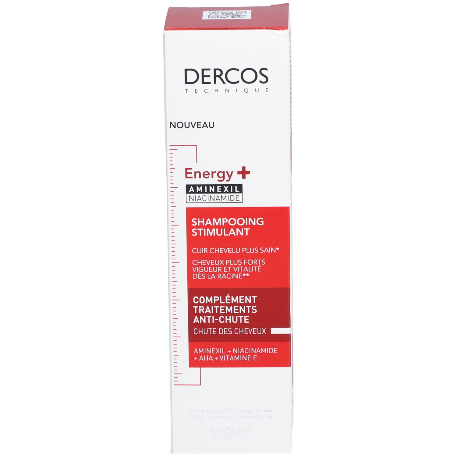 Weiße Flasche mit rotem Etikett. Text: Dercos, Energy+, Stimulating Shampoo. 200ml.