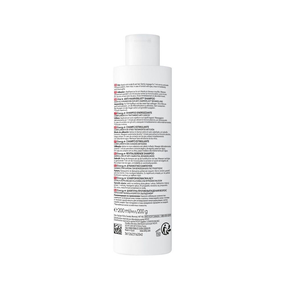 Productverpakking. Rode en witte doos. Tekst: Dercos, Energy+, Stimulating Shampoo. 200ml.