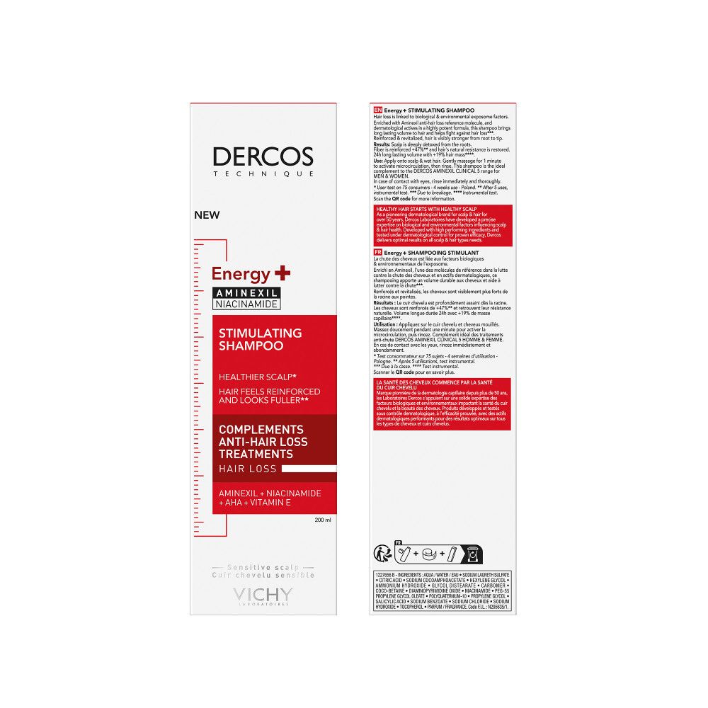 Fles en doos. Tekst: Dercos, Energy+, Stimulating Shampoo. 200ml. Rode en witte kleuren.