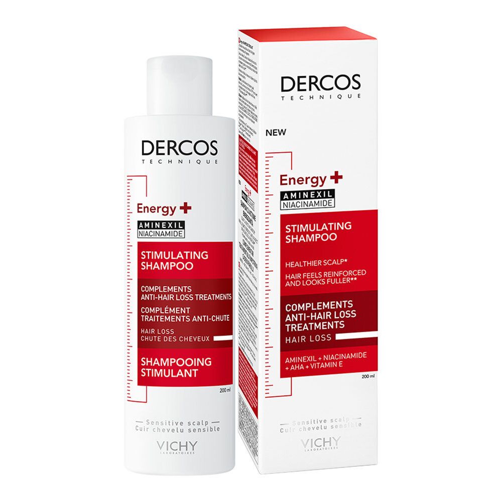 Flasche und Schachtel. Text: Dercos, Energy+, Stimulating Shampoo. 200ml. Rote und weiße Farben.