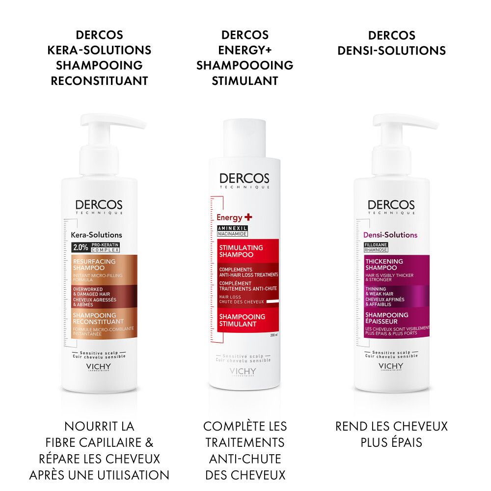 Deux images. Texte: Aminexil, Niacinamide. Réduit la chute des cheveux, stimule et apaise le cuir chevelu.