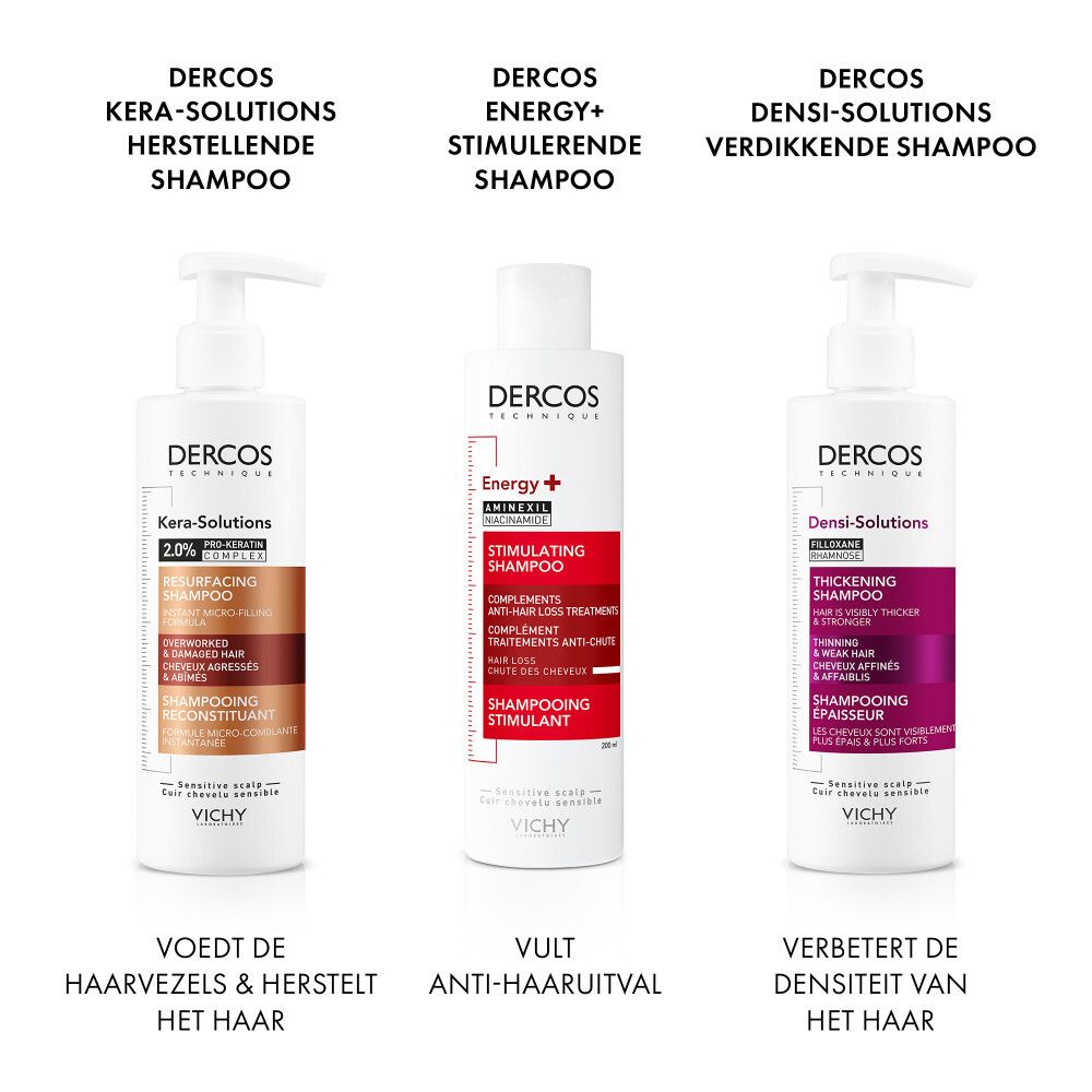 Twee afbeeldingen. Tekst: Aminexil, Niacinamide. Bestrijdt haaruitval, verzacht de hoofdhuid.