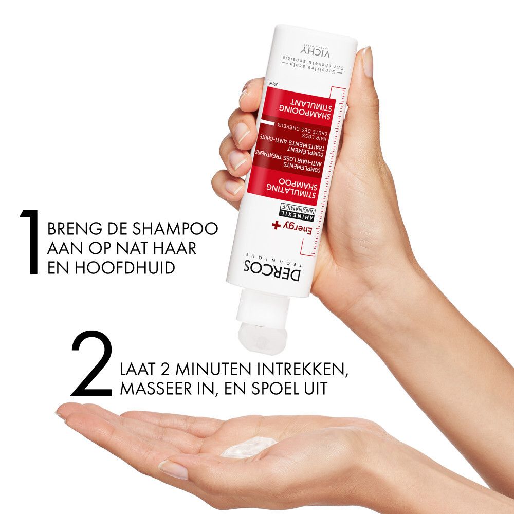 Drie shampoos. Tekst: Dercos, Kera-Solutions, Energy+, Densi-Solutions. Voor verschillende behoeften.