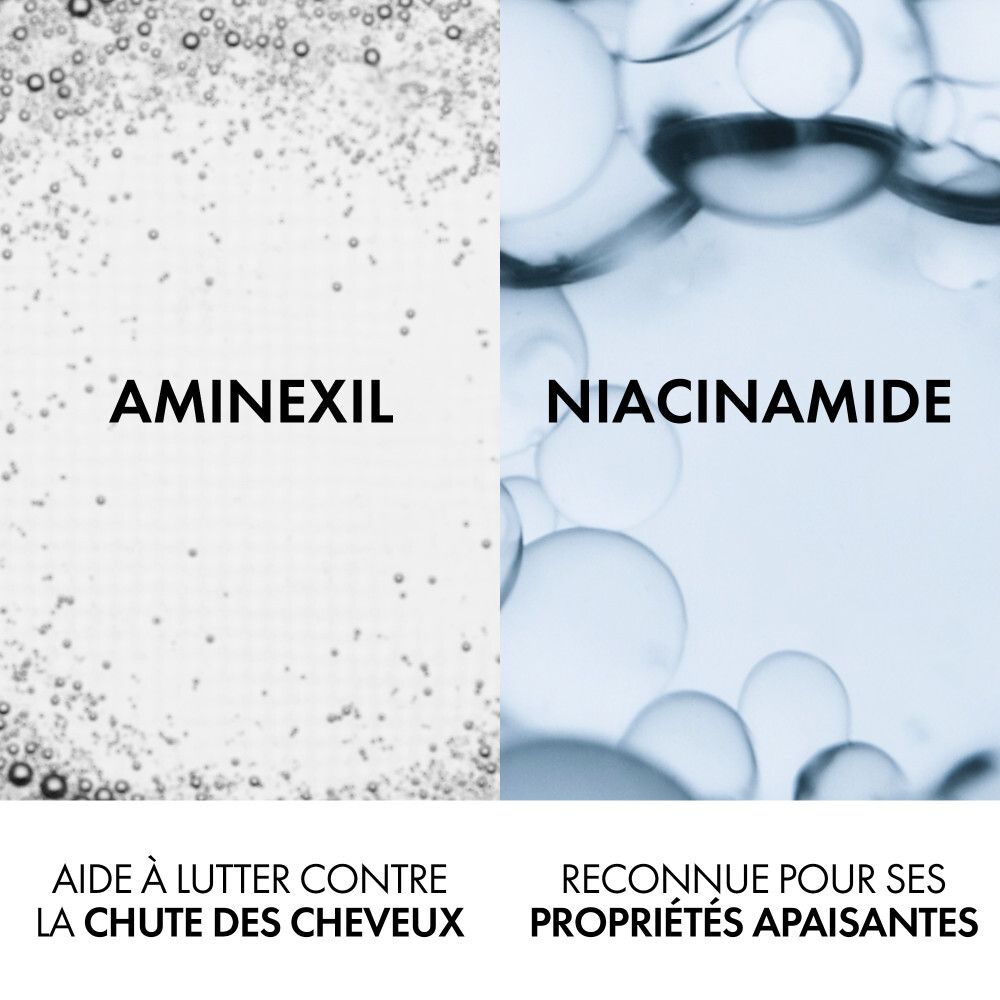 Main tenant un flacon. Texte: Dercos, Energy+, Shampooing Stimulant. Blanc et rouge.