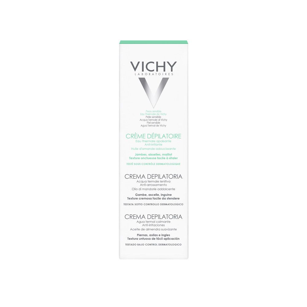 Emballage du produit avec marque et nom. Texte multilingue. Blanc et vert.