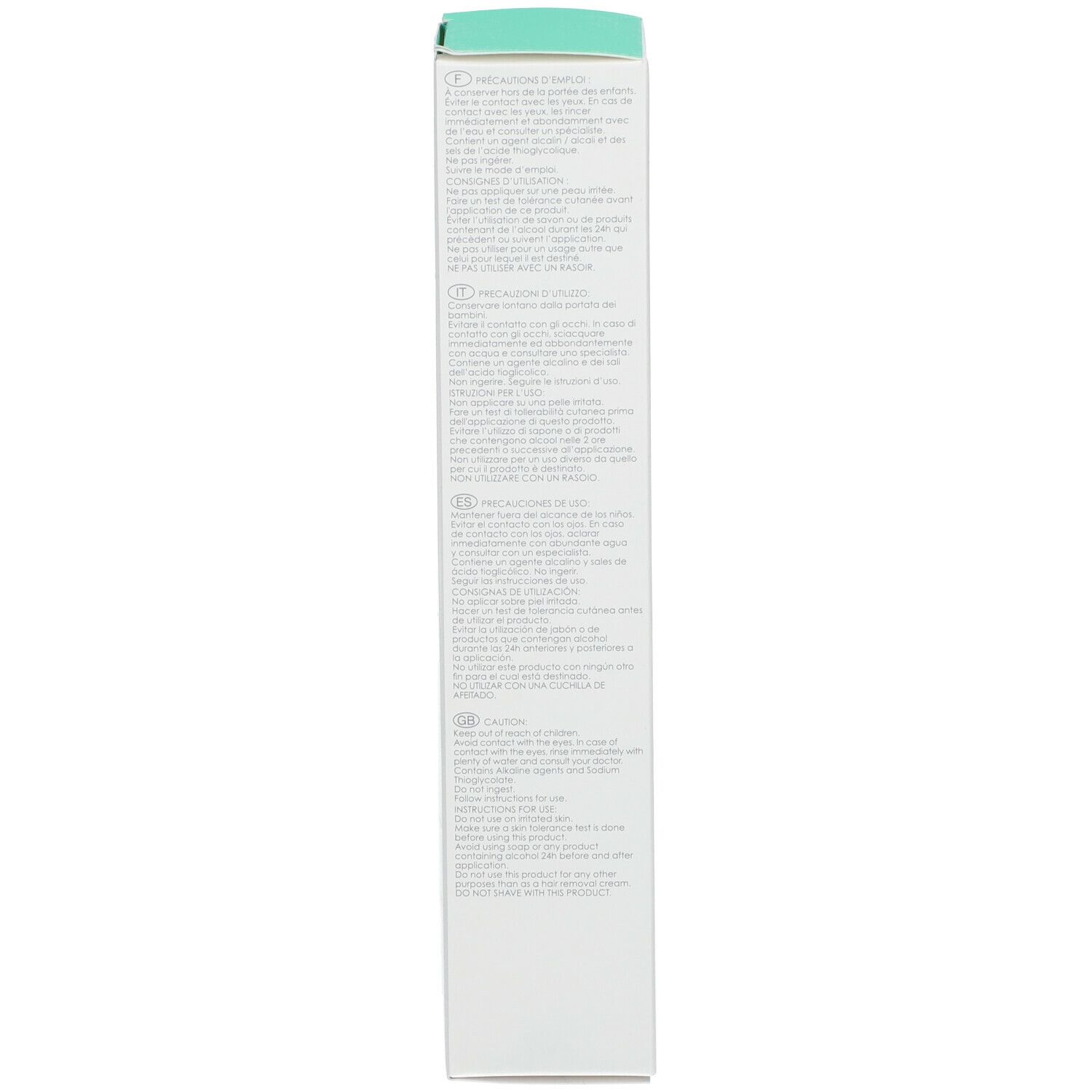 Seite der Produktverpackung mit Text in mehreren Sprachen. Vorsichtshinweise und Inhaltsstoffe.