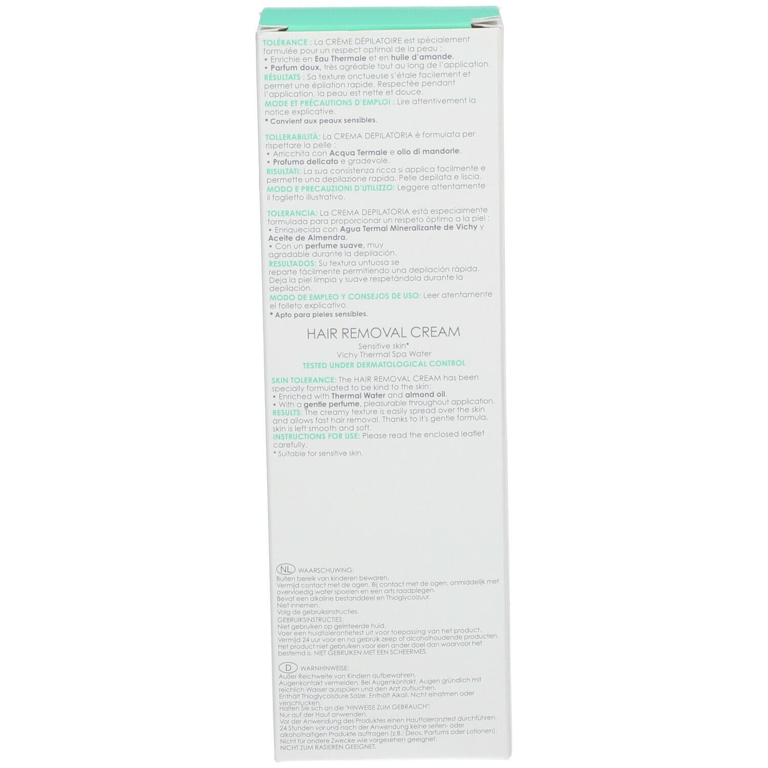 Rückseite der Produktverpackung mit Text in mehreren Sprachen. Produktbeschreibung und Inhaltsstoffe.