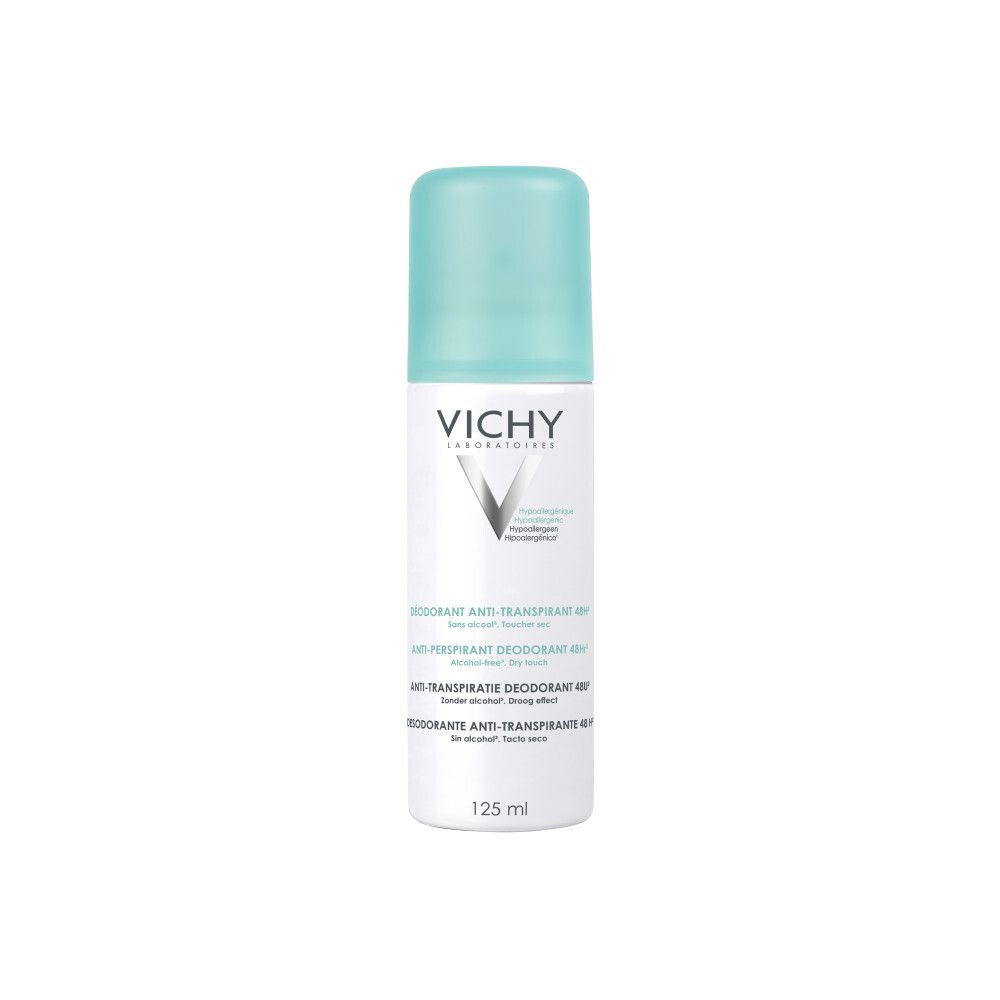 Déodorant blanc avec bouchon bleu. Inscription VICHY. Texte: Anti-Transpirant 48h, 125 ml.