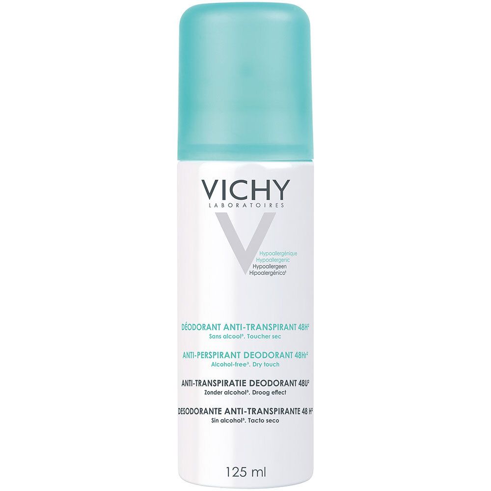 Déodorant blanc avec bouchon bleu. Inscription VICHY. Texte: Anti-Transpirant 48h, 125 ml.