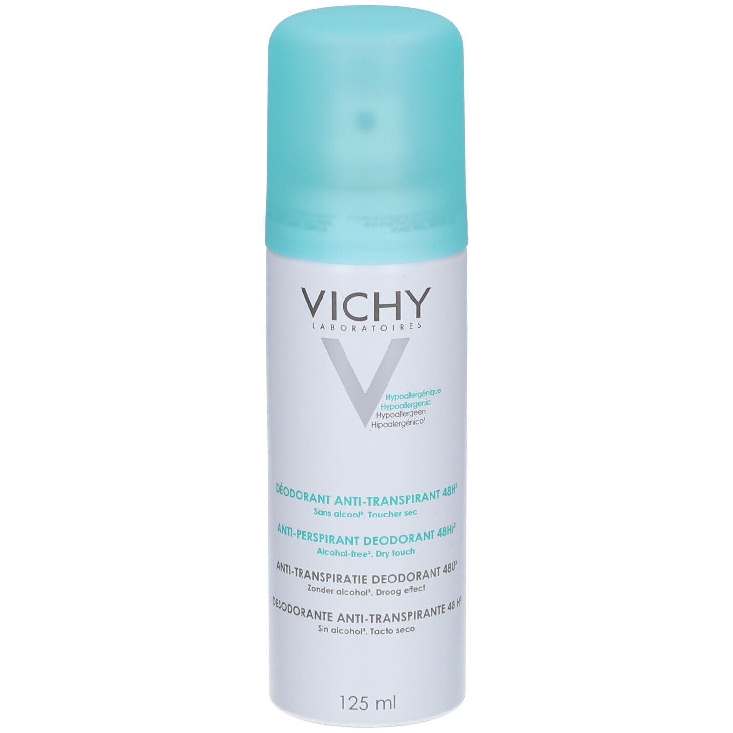 Déodorant blanc avec bouchon bleu. Inscription VICHY. Texte: Anti-Transpirant 48h, 125 ml.