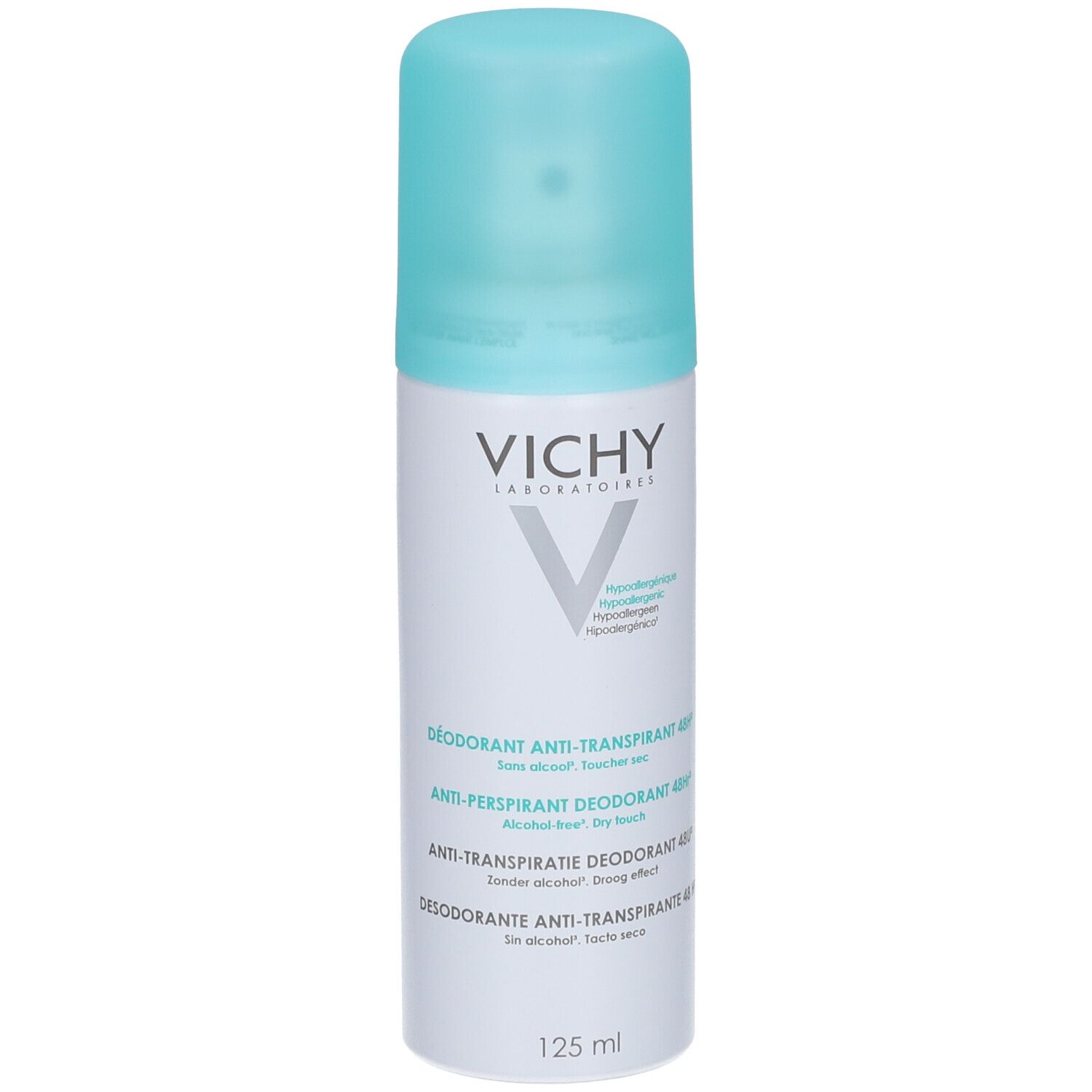 Déodorant blanc avec bouchon bleu. Inscription VICHY. Texte: Anti-Transpirant 48h, 125 ml.