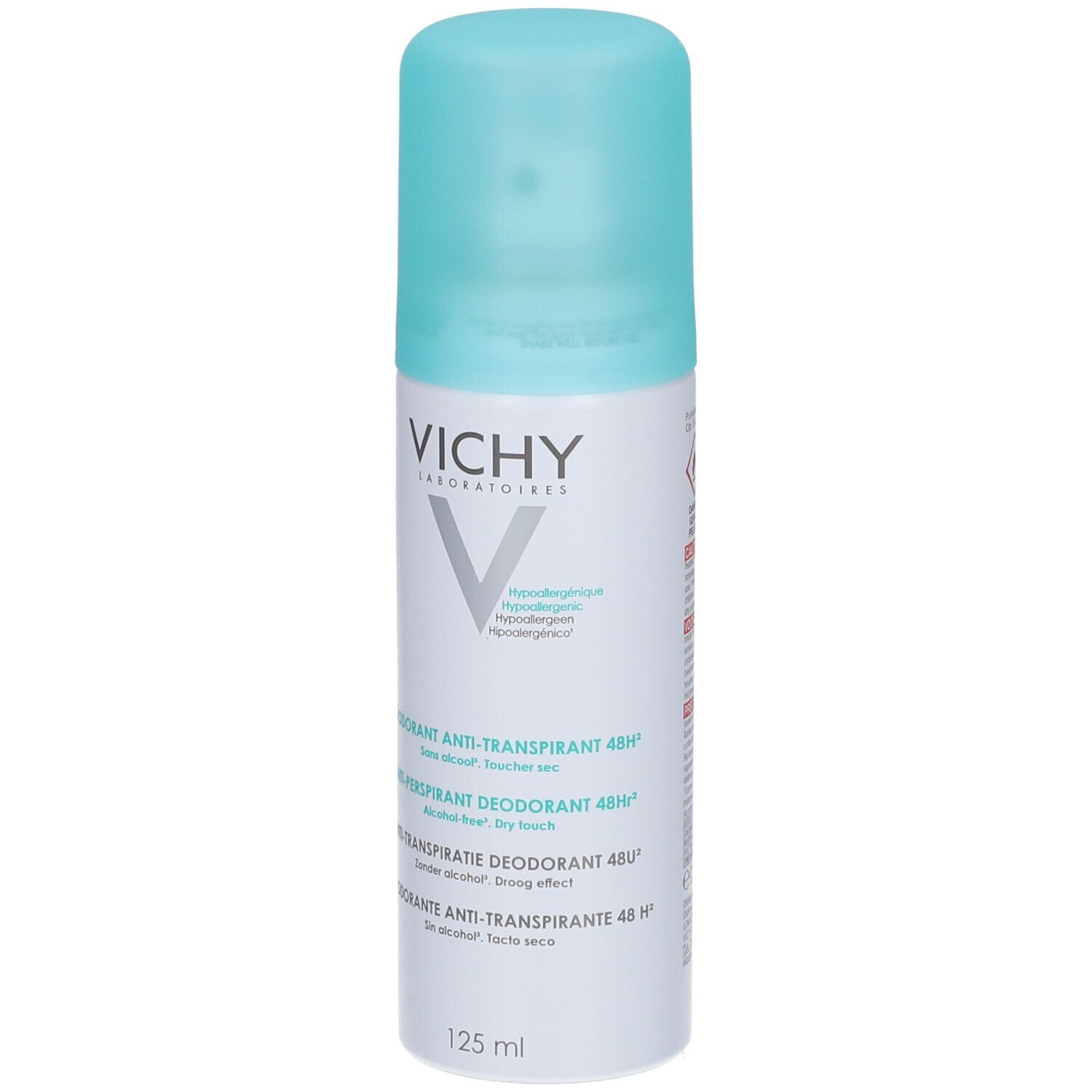 Déodorant blanc avec bouchon bleu. Inscription VICHY. Texte: Anti-Transpirant 48h, 125 ml.