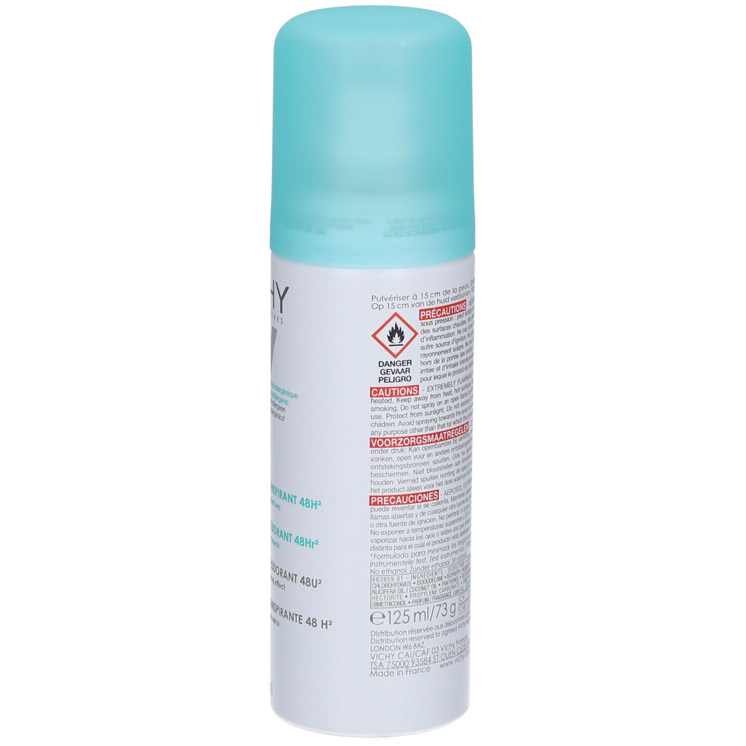 Dos du déodorant. Texte: Avertissements, ingrédients, informations fabricant, 73g, 125 ml.