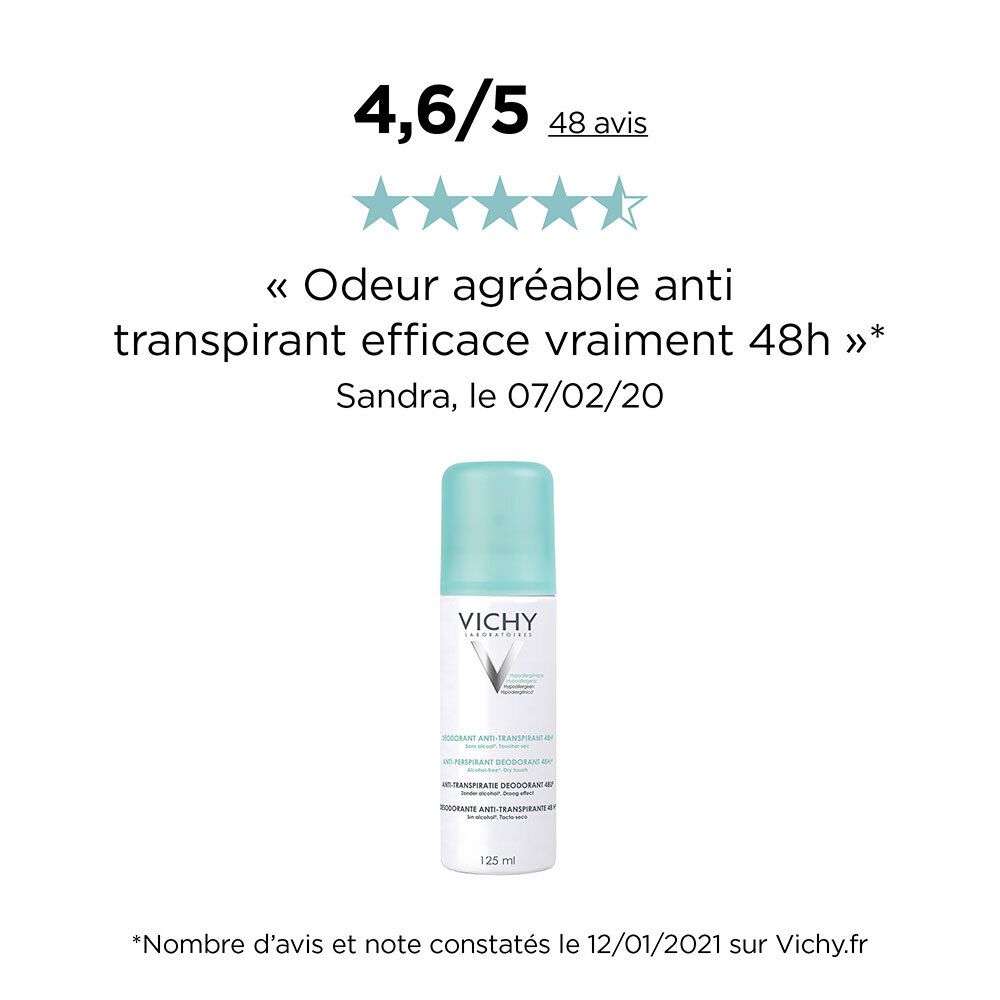 Évaluation de 4,6/5 étoiles. Déodorant avec bouchon bleu. Inscription VICHY. Texte: Anti-Transpirant 48h, 125 ml.
