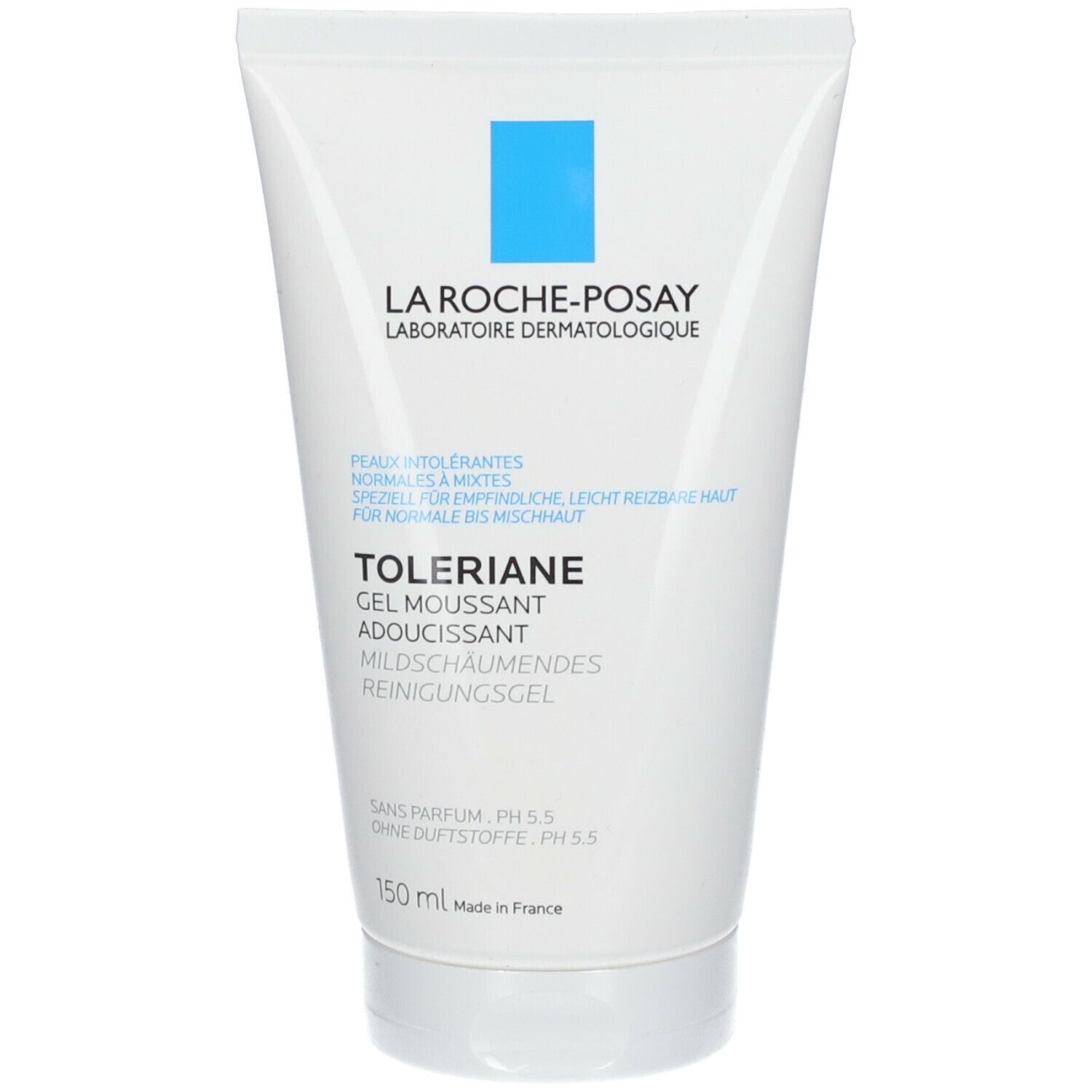 Witte tube met blauw logo La Roche-Posay. Opschrift: Toleriane mildschäumendes Reinigungsgel. 150 ml.
