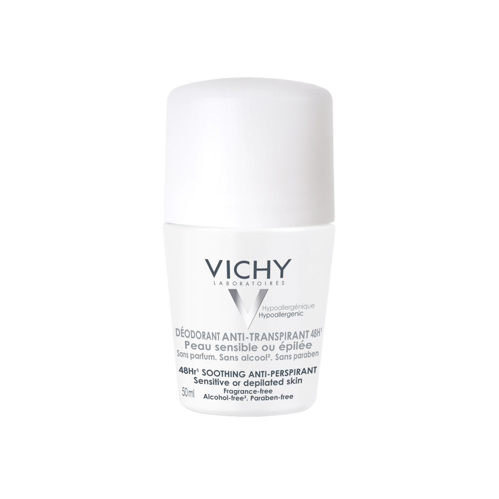 Witte roll-on deodorant van VICHY. Tekst: Deodorant Anti-Transpirant 48H, gevoelige huid. Zonder alcohol, zonder parfum.