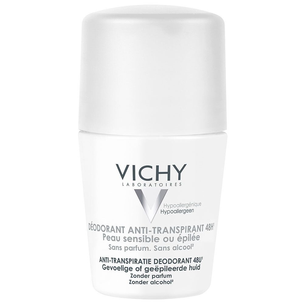 Witte roll-on deodorant van VICHY. Tekst: Deodorant Anti-Transpirant 48H, gevoelige huid. Zonder alcohol, zonder parfum.