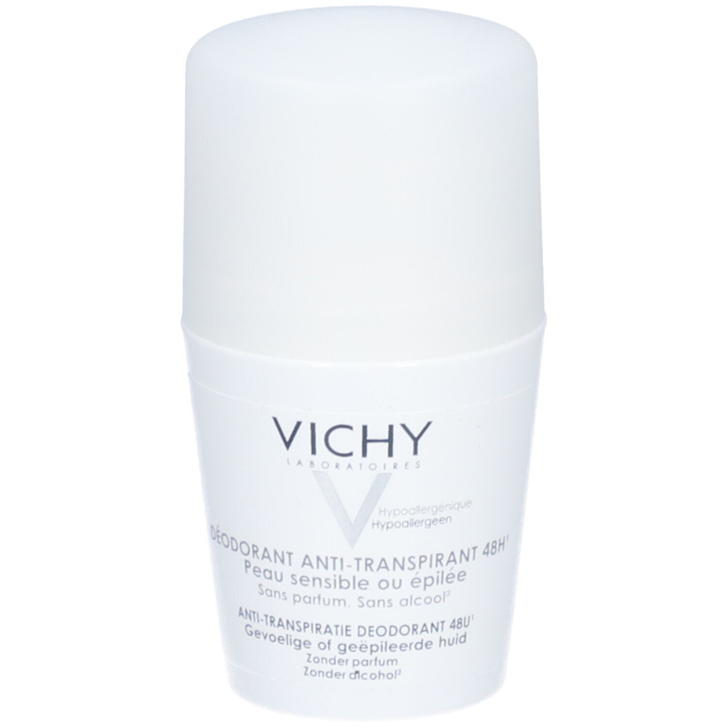 Witte roll-on deodorant van VICHY. Tekst: Deodorant Anti-Transpirant 48H, gevoelige huid. Zonder alcohol, zonder parfum.