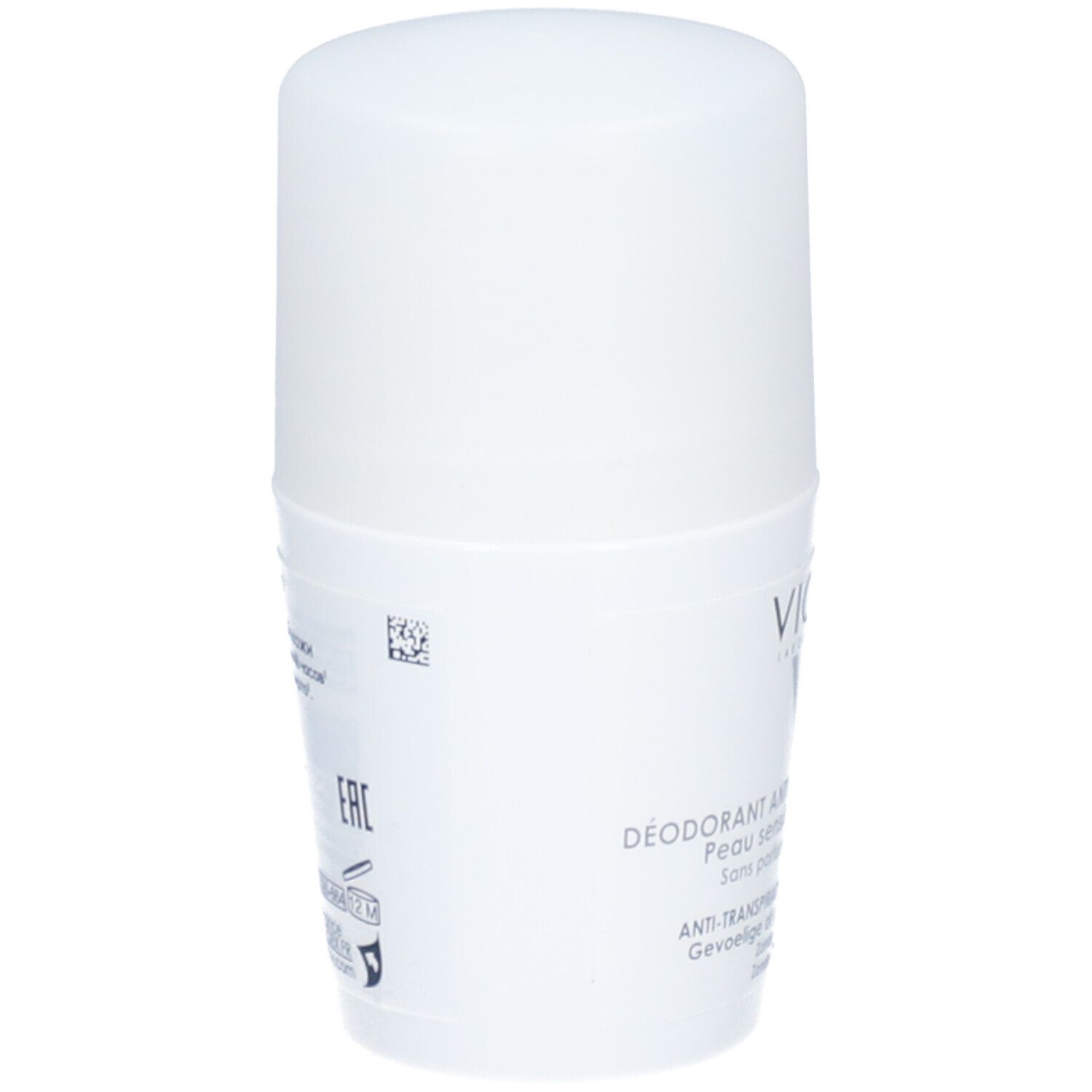Achterkant van een witte VICHY roll-on deodorant. Tekst en symbolen.