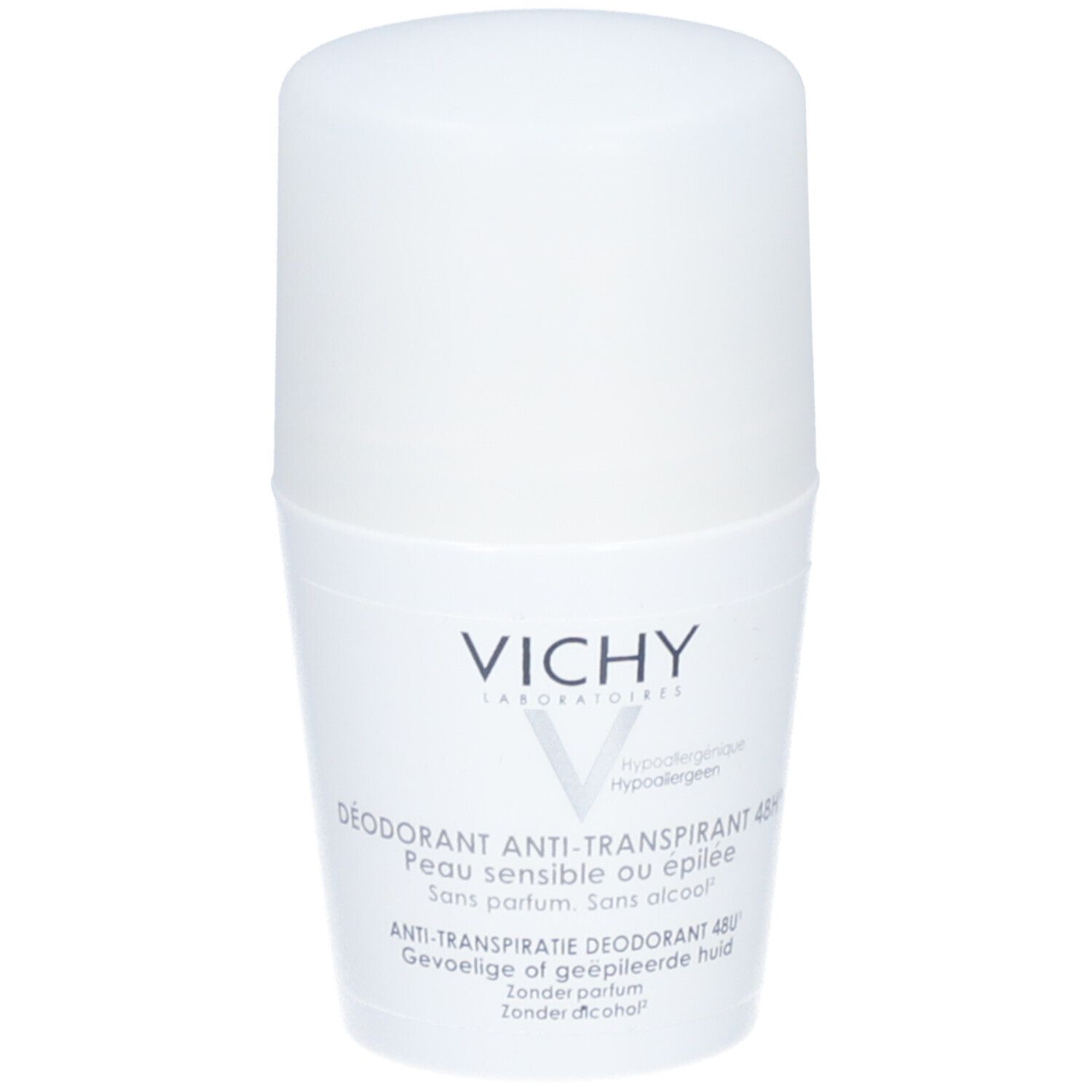 Witte roll-on deodorant van VICHY. Tekst: Deodorant Anti-Transpirant 48H, gevoelige huid. Zonder alcohol, zonder parfum.